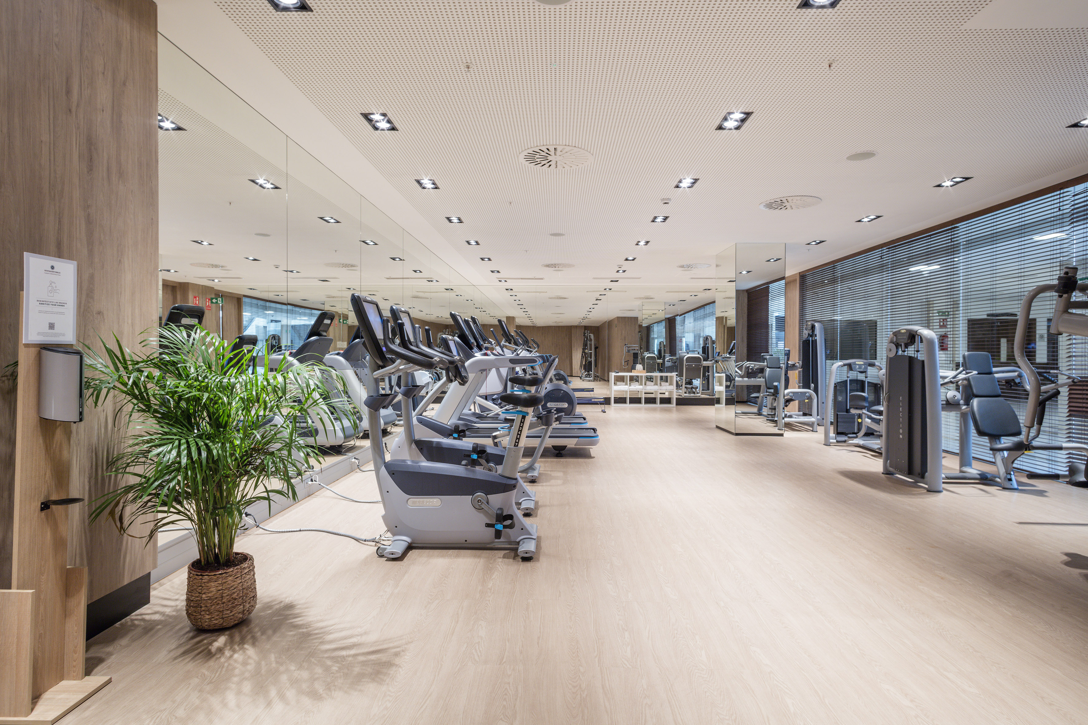 Modern gym with cardio and weight machines, light wood floor, and mirrored walls.