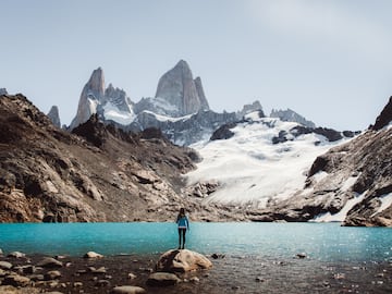a person standing on a rock in front of Fitz Roy