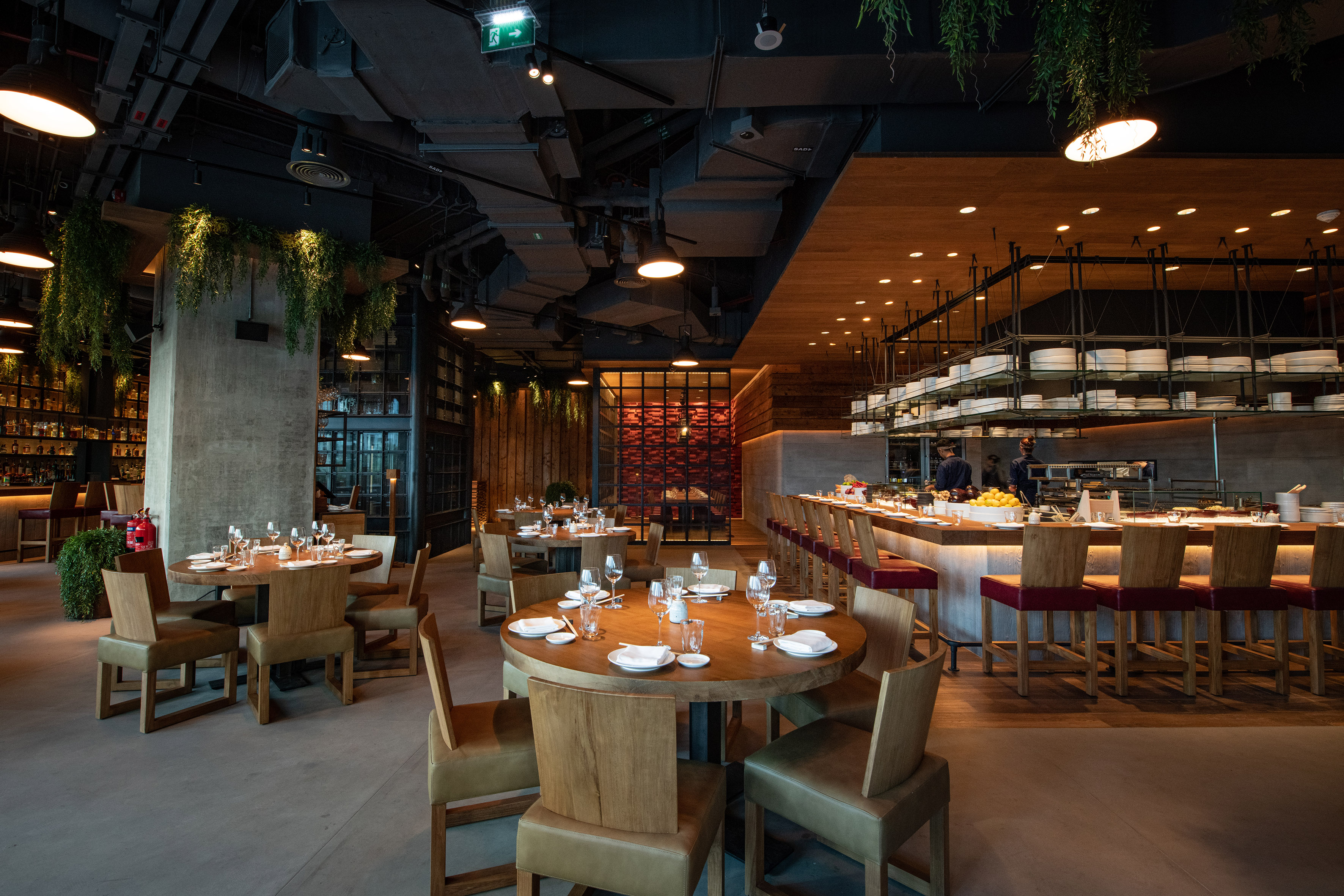 Modern industrial restaurant with wooden tables, hanging plants, and open kitchen bar.