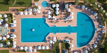 an aerial view of a pool