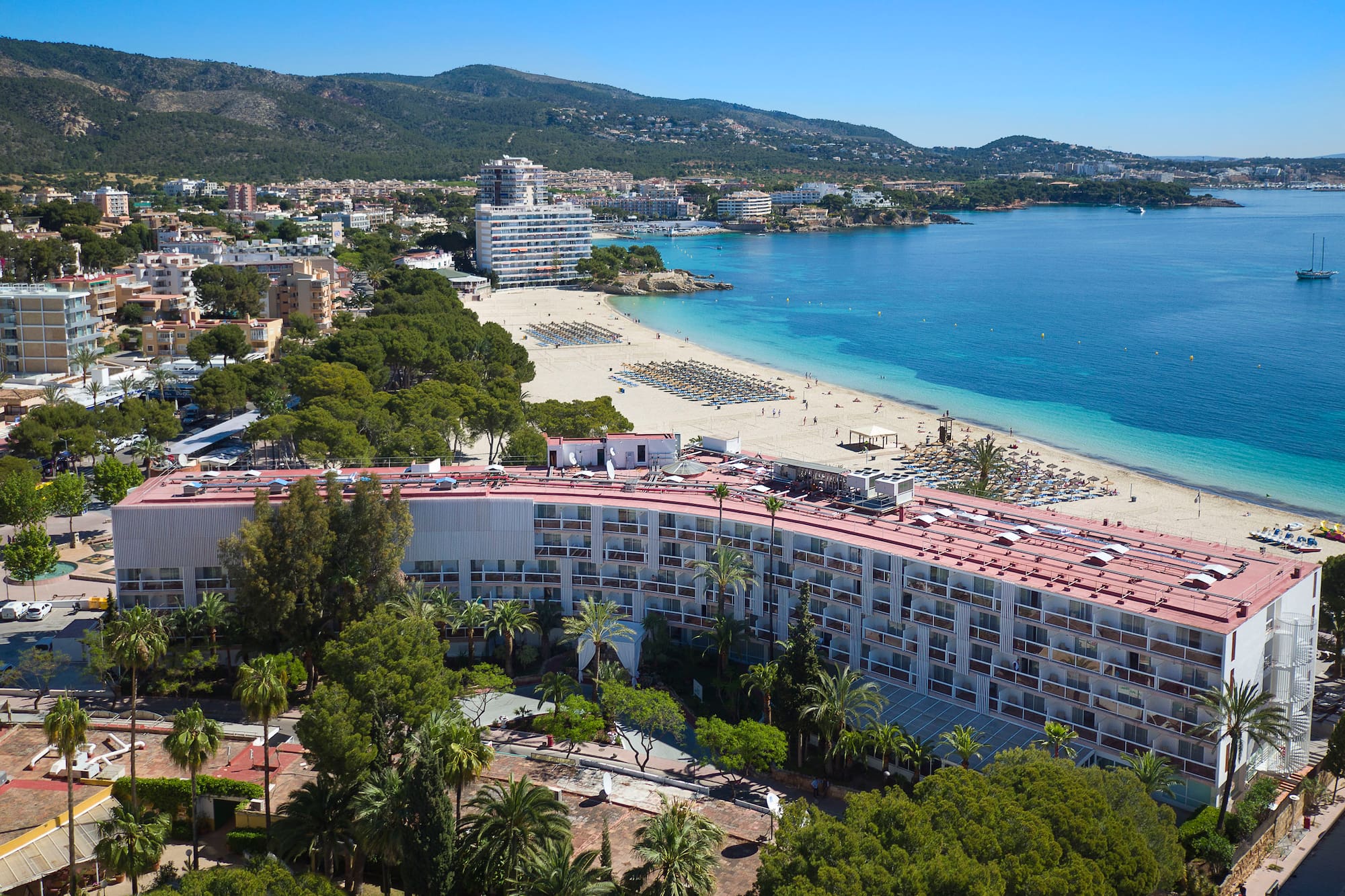 a beach with trees and buildings