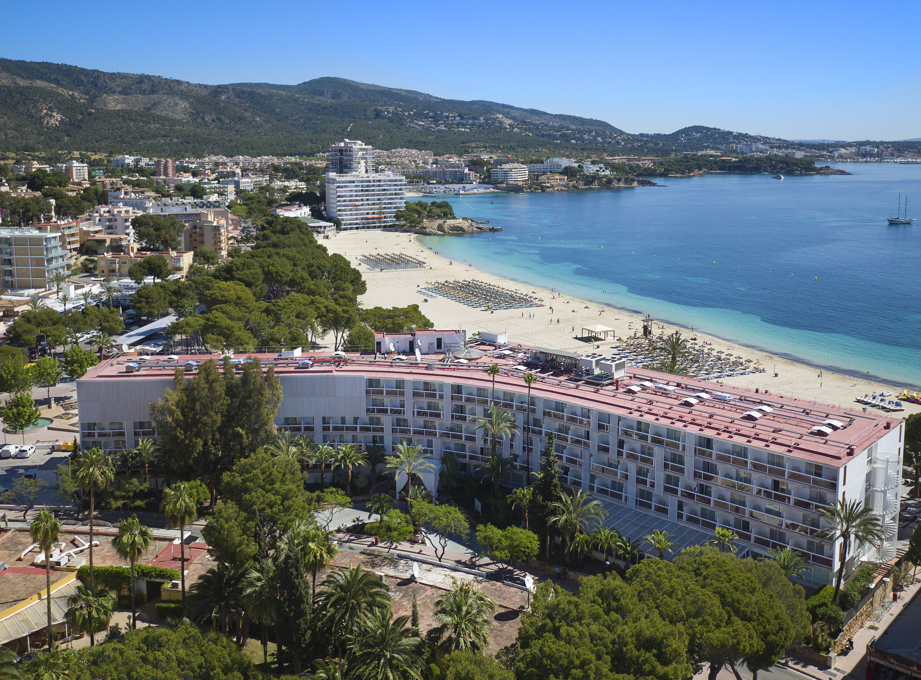 a beach with trees and buildings