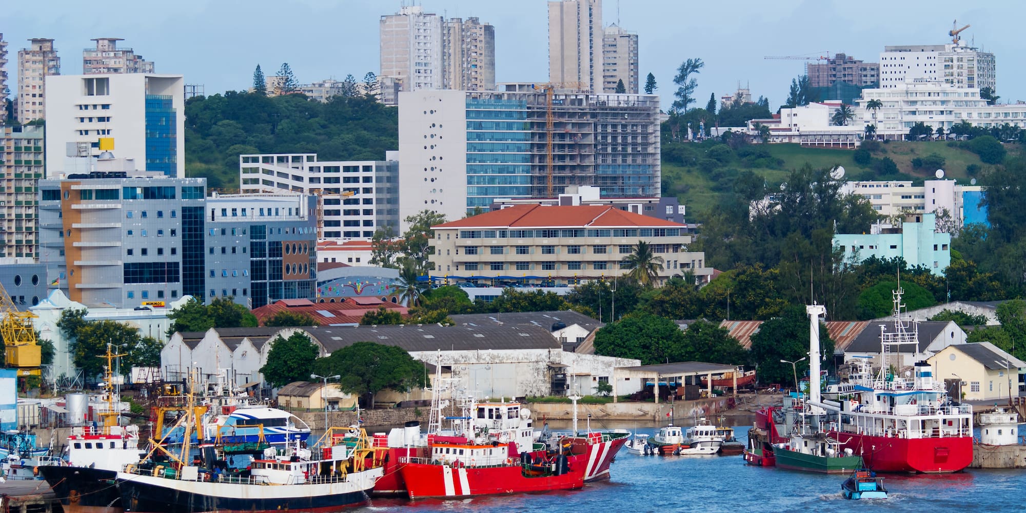 boats in a harbor with buildings in the background
