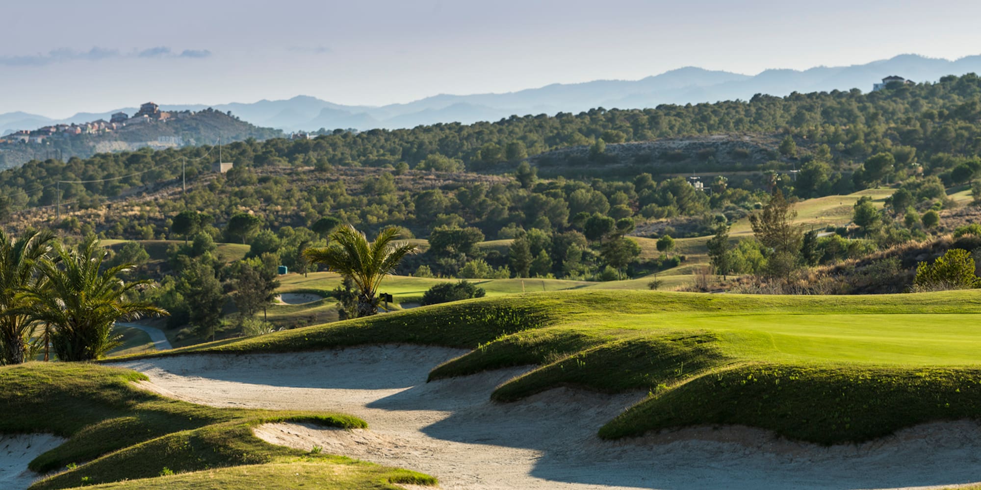 a golf course with trees and mountains in the background
