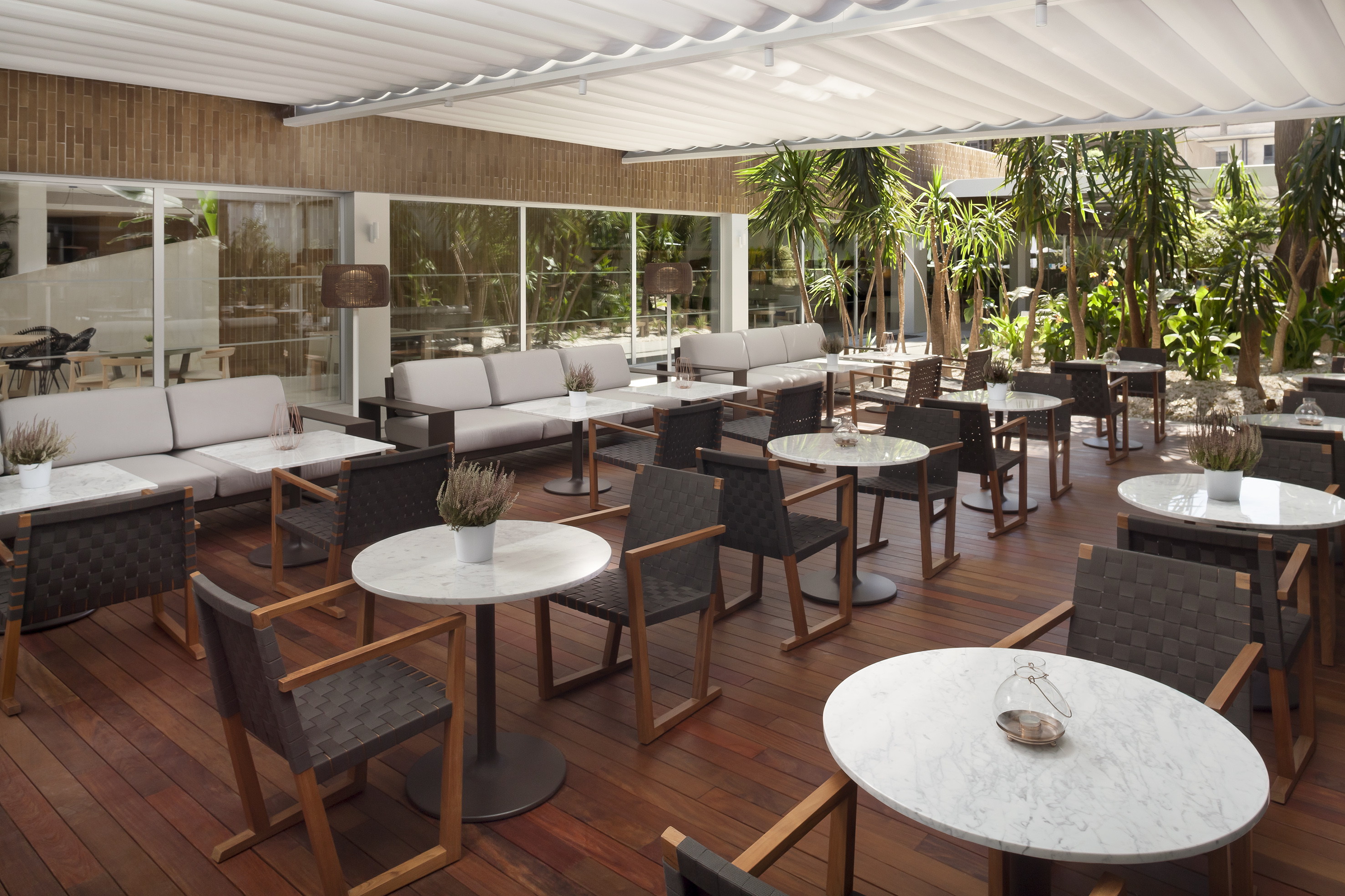 Modern hotel patio with lounge seating, marble tables, and lush palm trees.