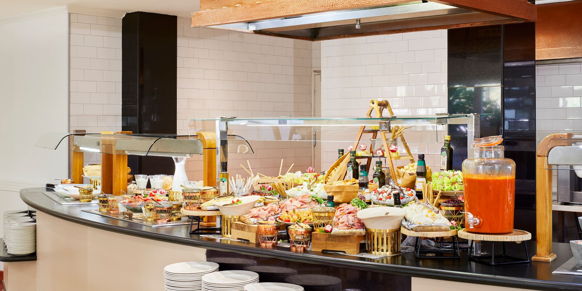 a buffet with food on it