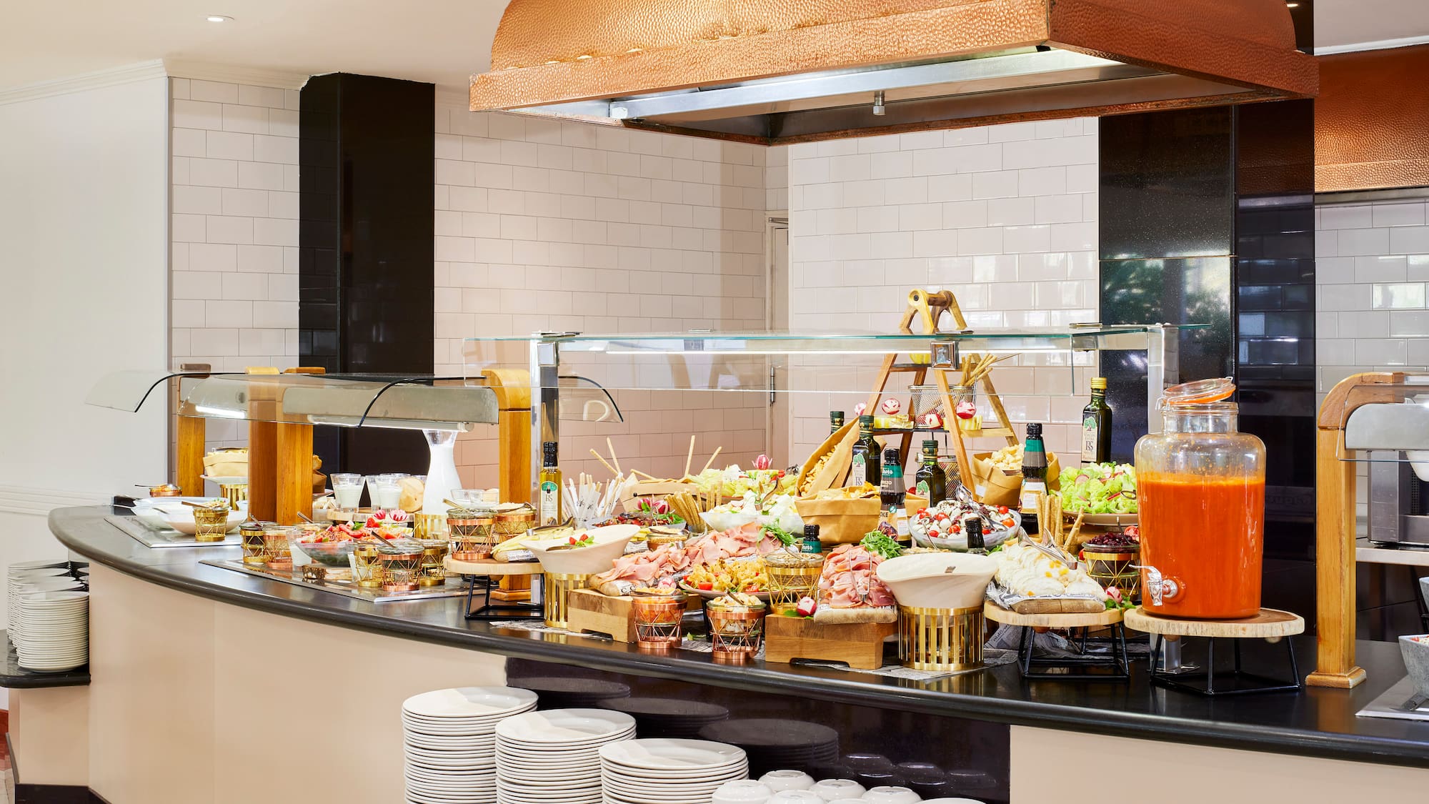 a buffet with food on it