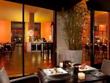a restaurant with a glass door