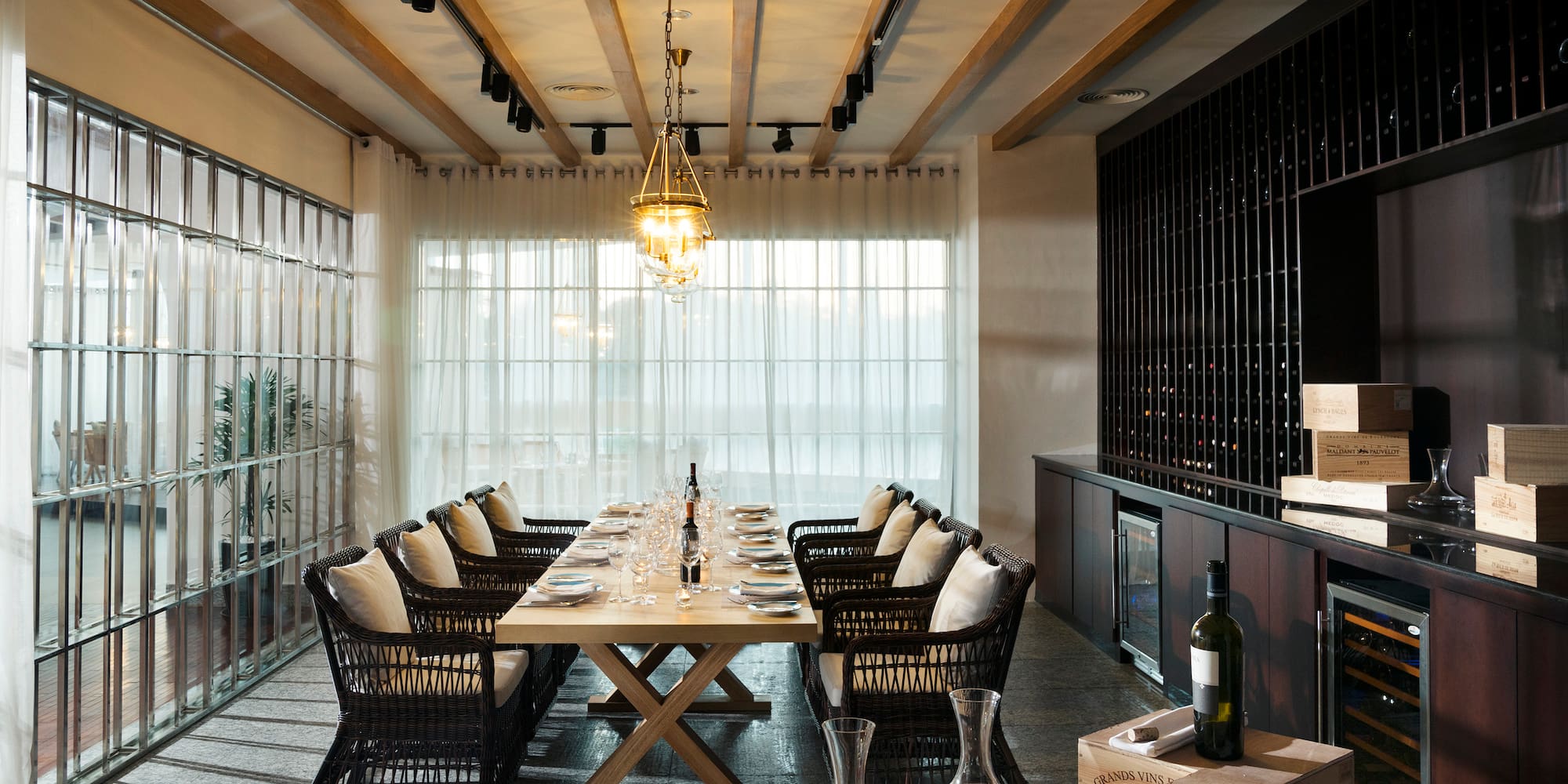 a room with a table and chairs