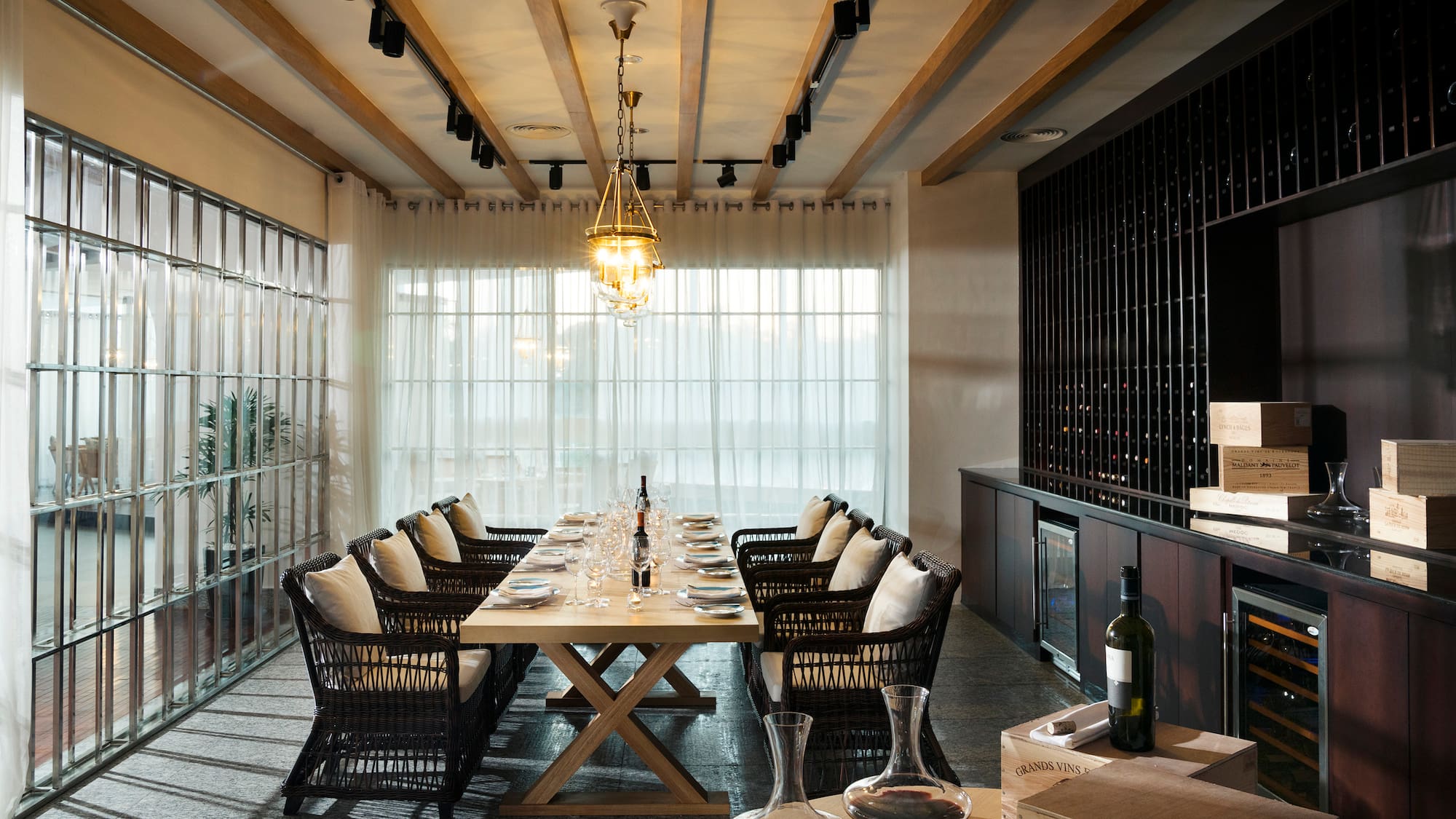 a room with a table and chairs