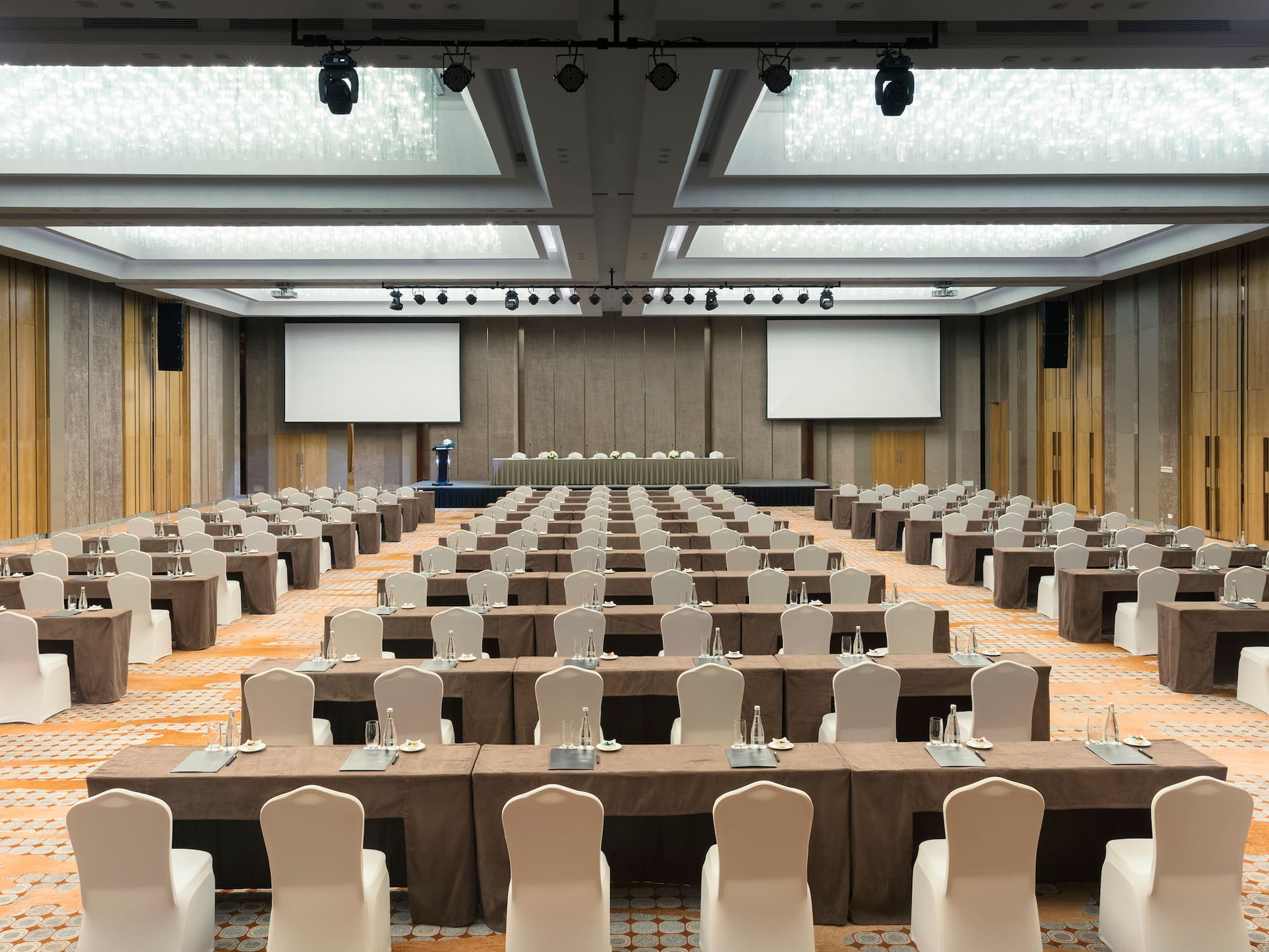 a large room with tables and chairs