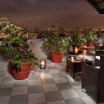 a patio with plants and chairs on a rooftop