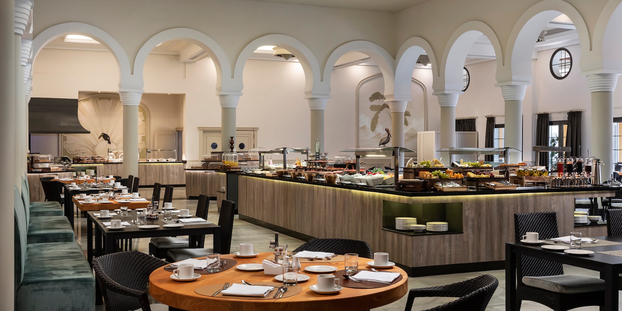 a restaurant with tables and chairs