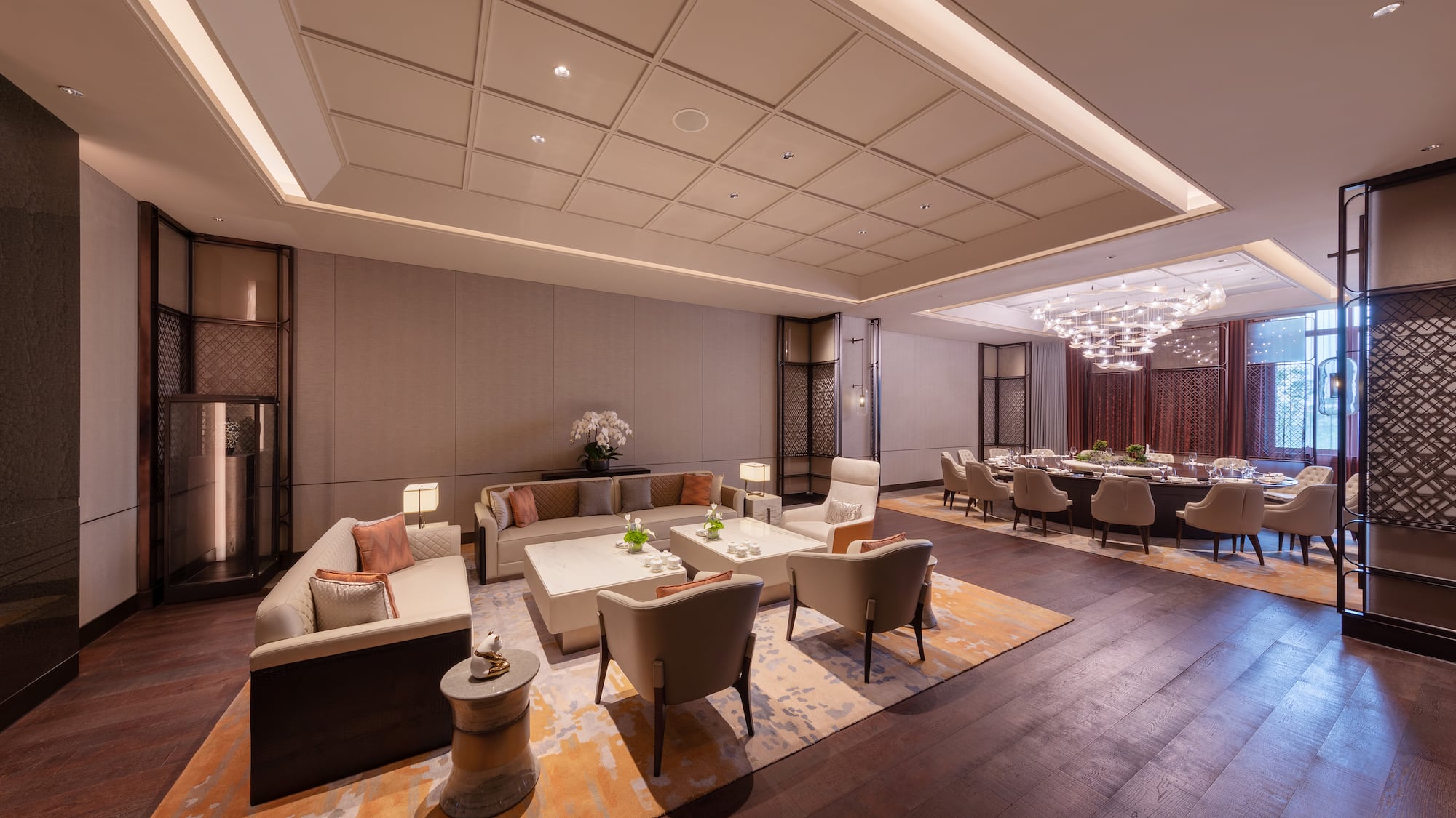 a room with a large table and chairs