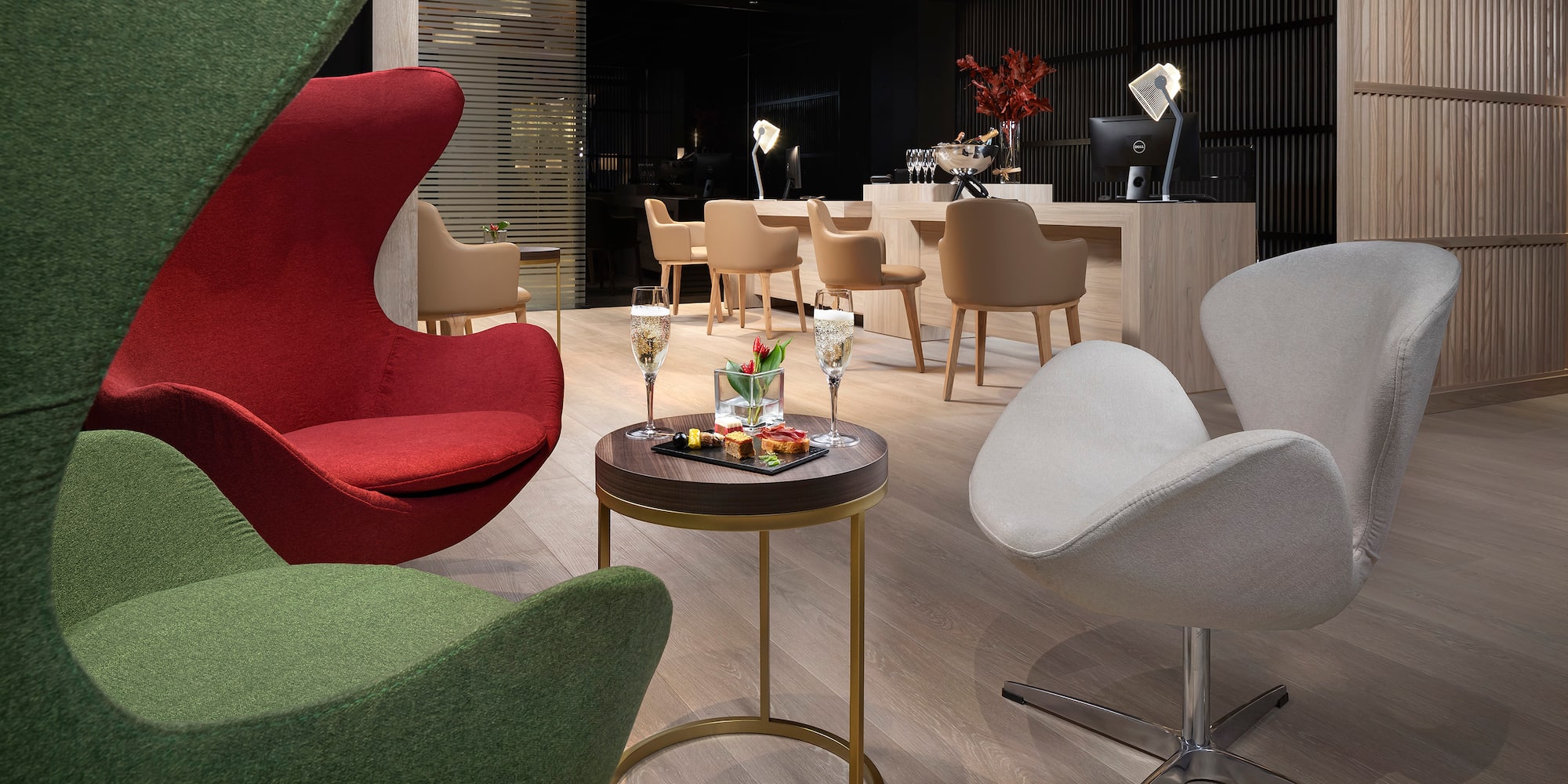 a room with chairs and a table