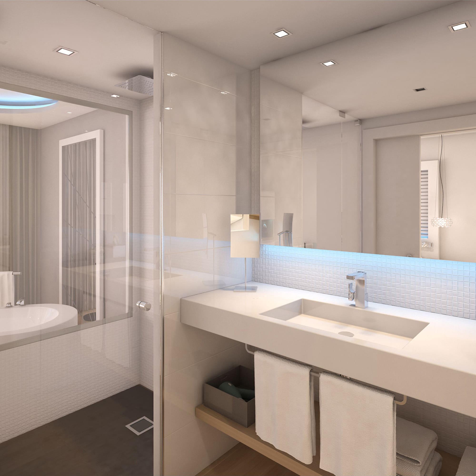 a bathroom with a glass shower and a sink