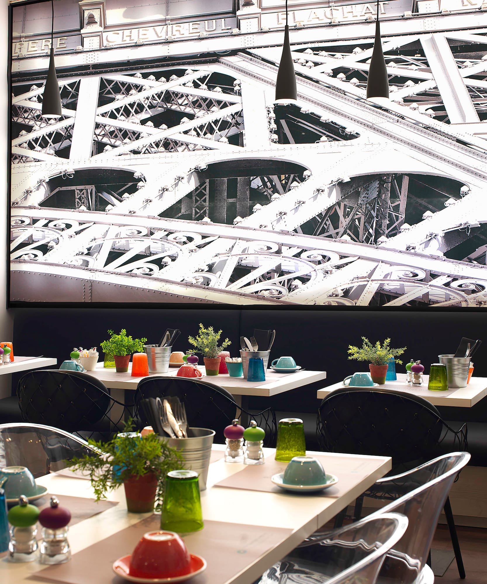 a room with tables and chairs