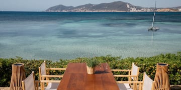 a table and chairs overlooking a body of water