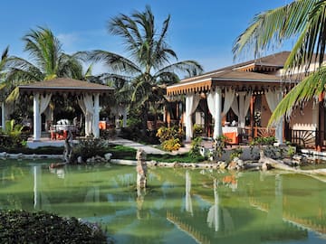 a building with a pond and palm trees