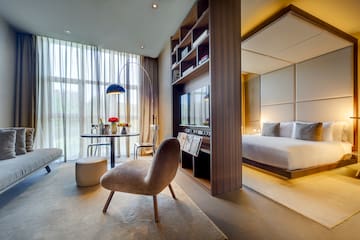a room with a bed and a table
