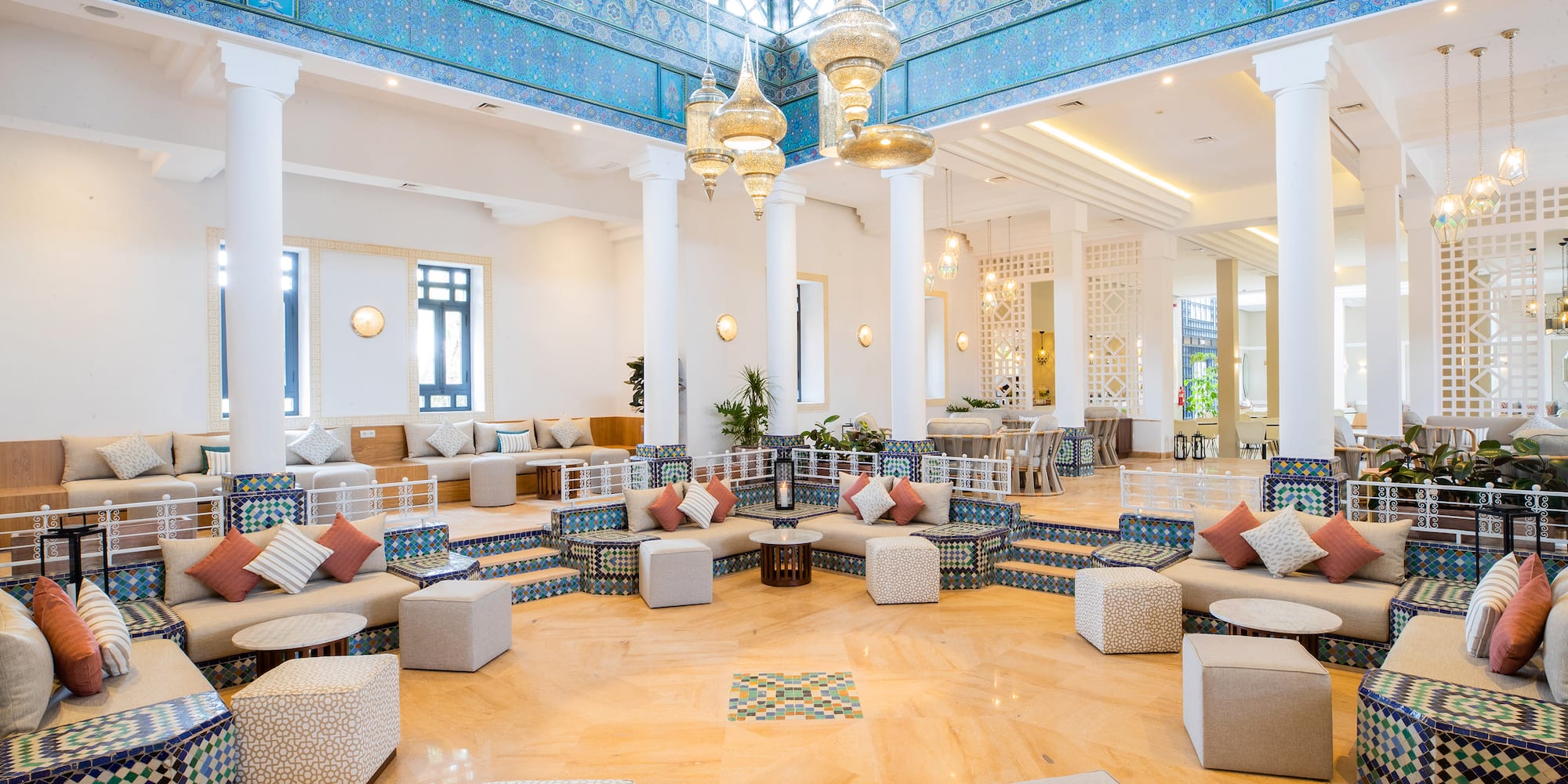 a large room with a large ceiling and a large blue ceiling