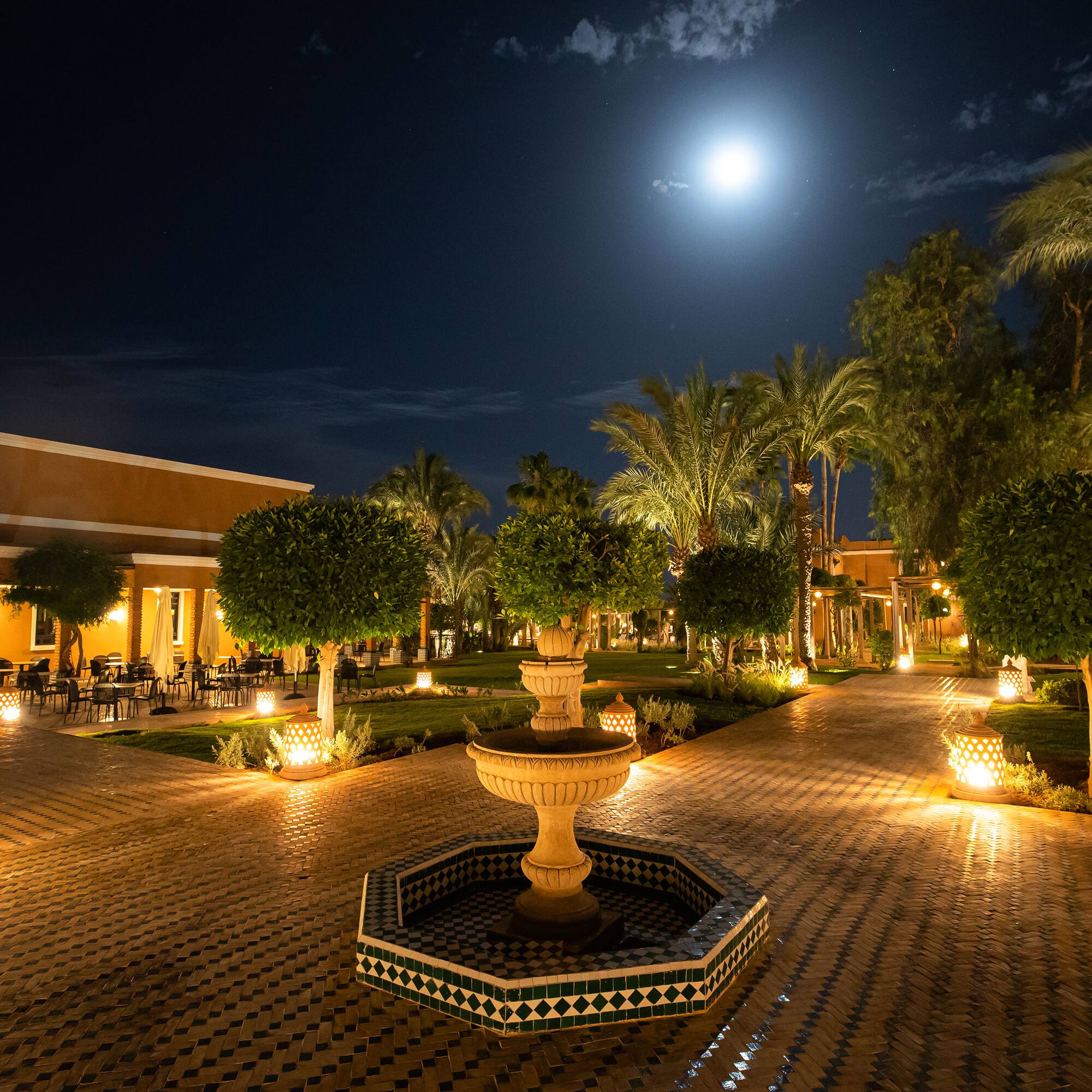 a fountain with trees and lights in front of a building