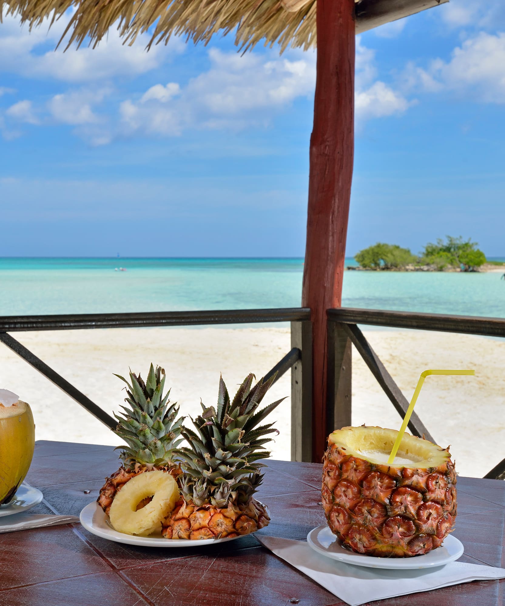 a table with plates of fruit and a drink on it