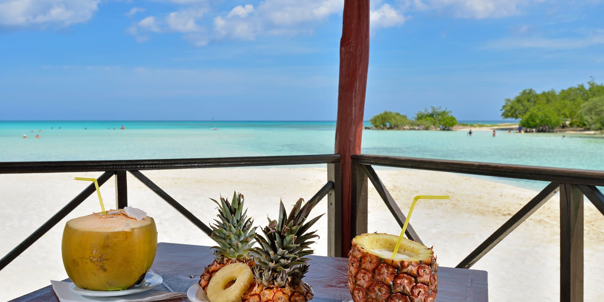 a table with plates of fruit and a drink on it