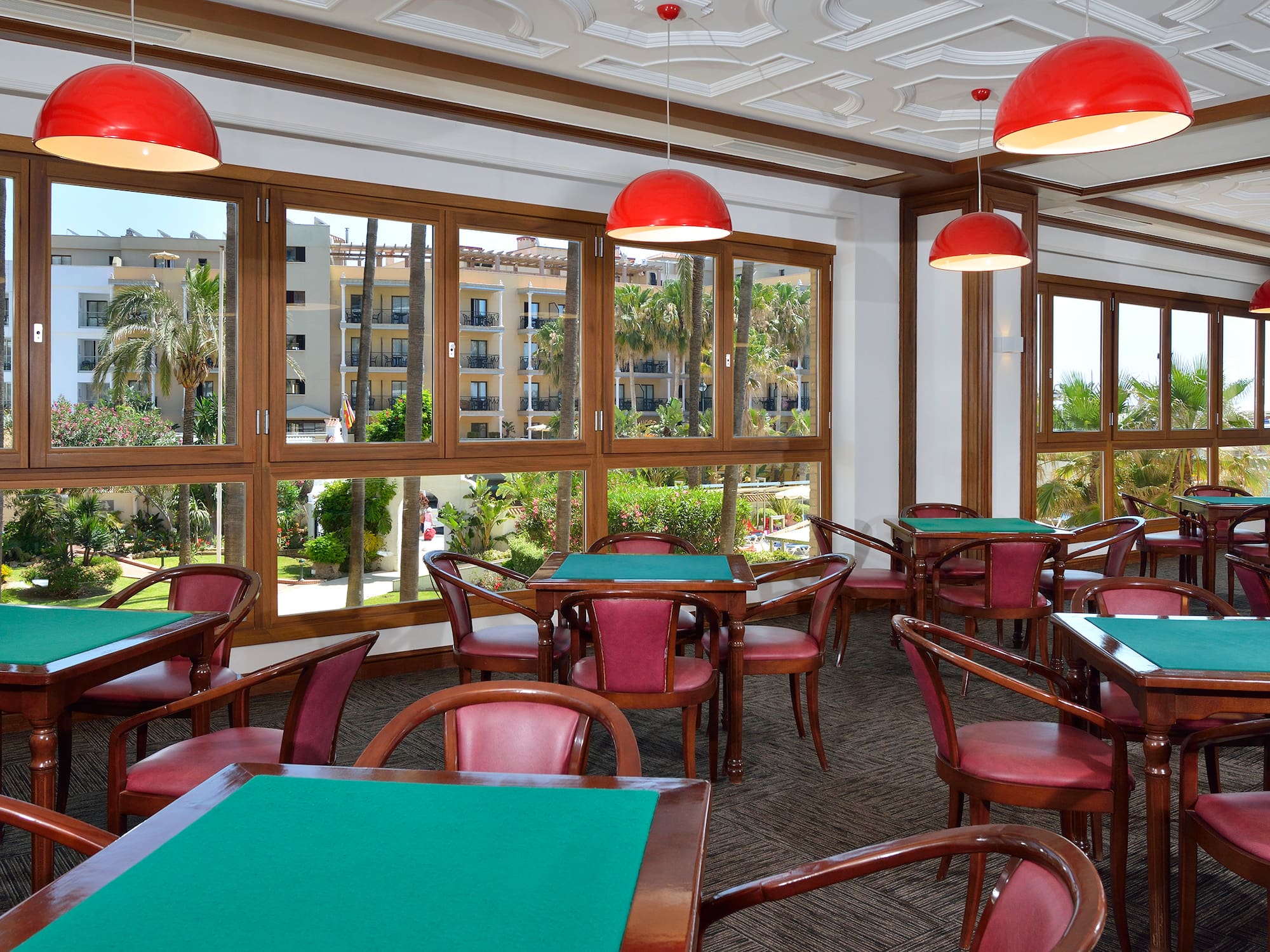 a room with tables and chairs