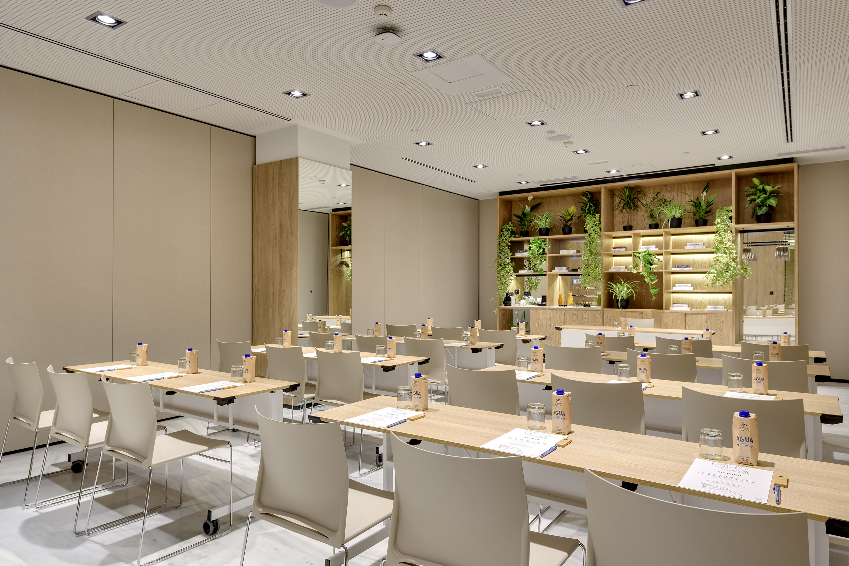Modern conference room, classroom style, light wood tables, green plant decor.