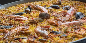 a large pan of seafood paella