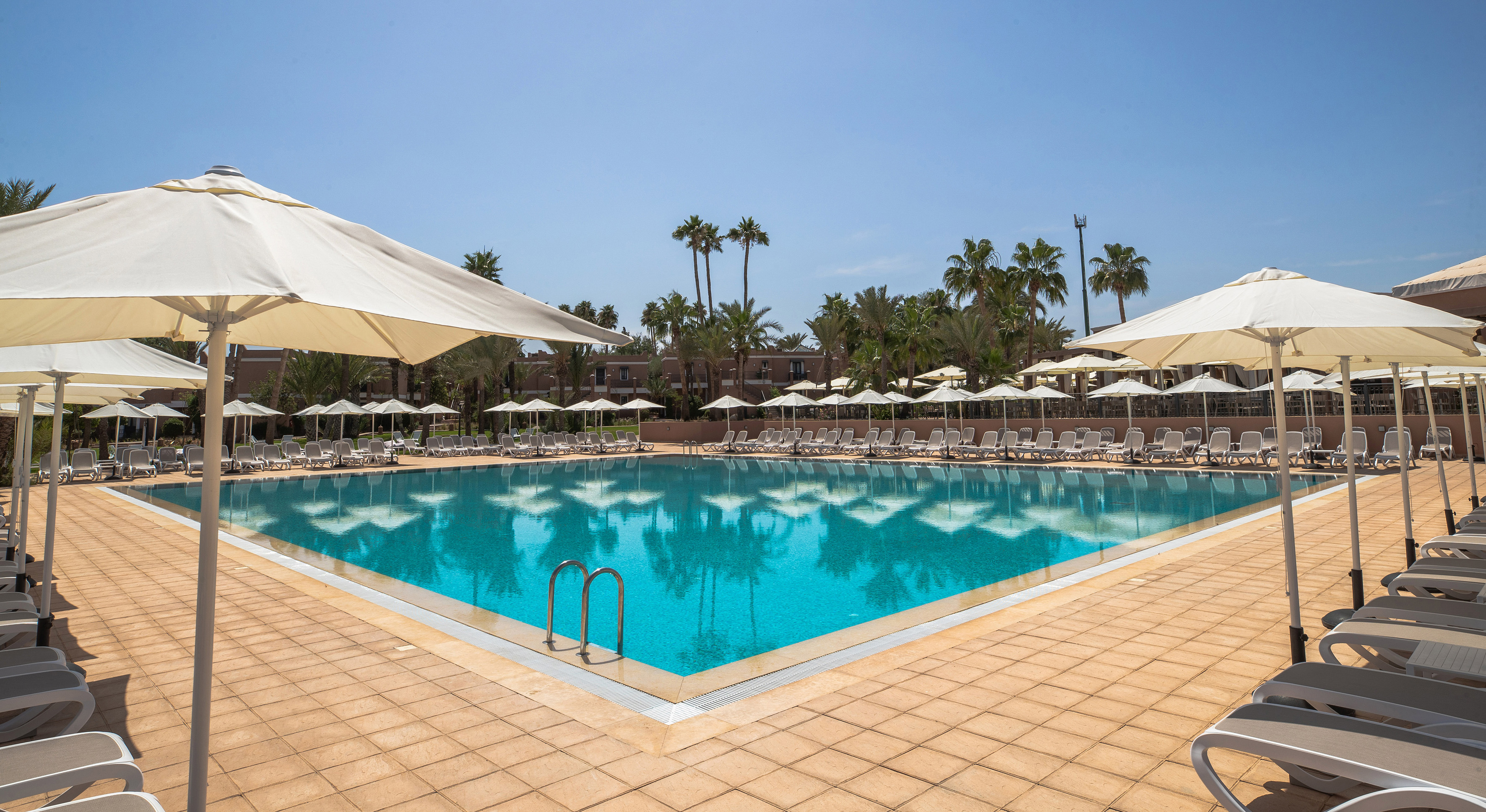 Outdoor resort pool with sun loungers, white umbrellas, and palm trees.