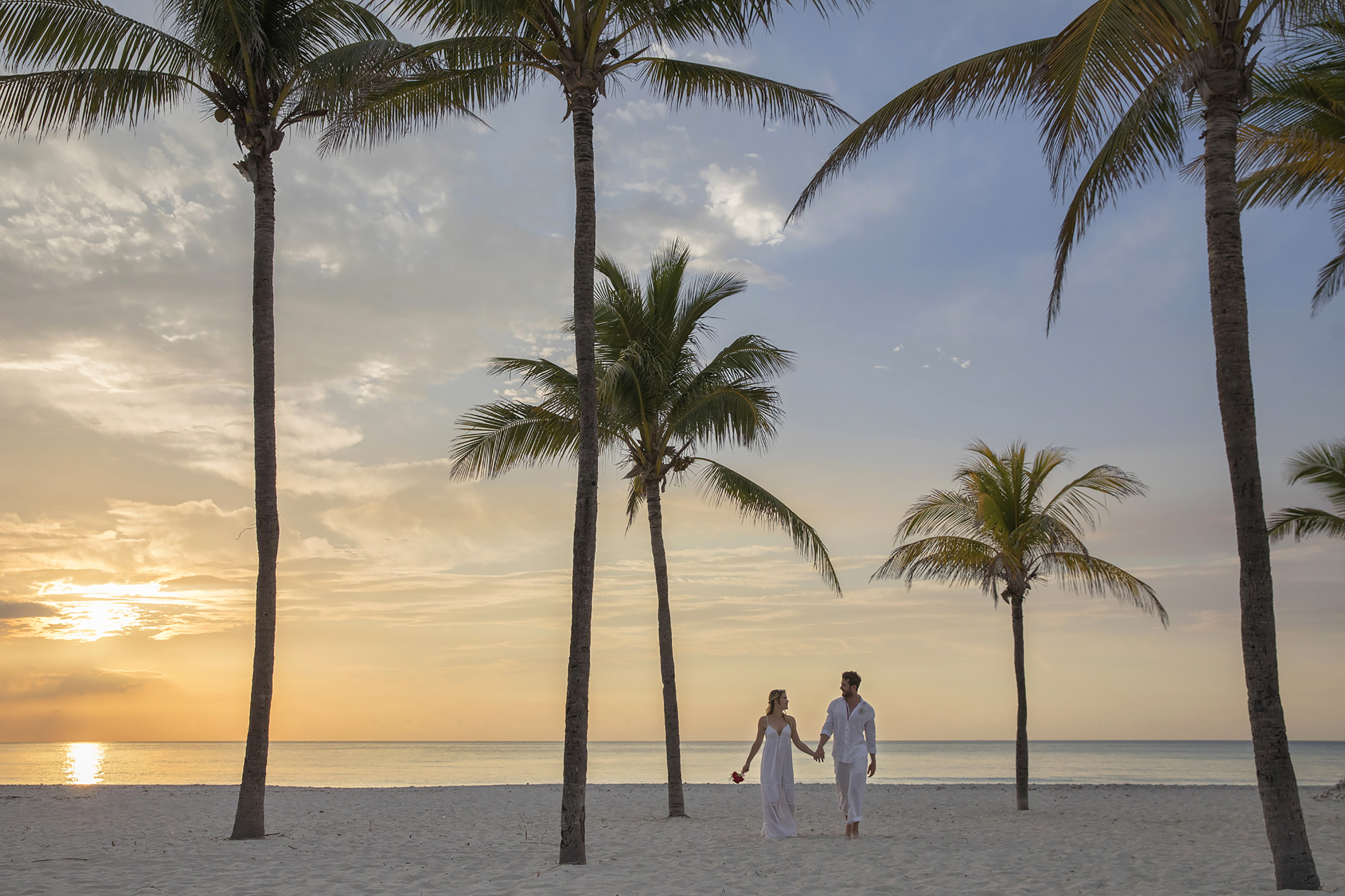 a man and woman holding hands on a beach with palm trees