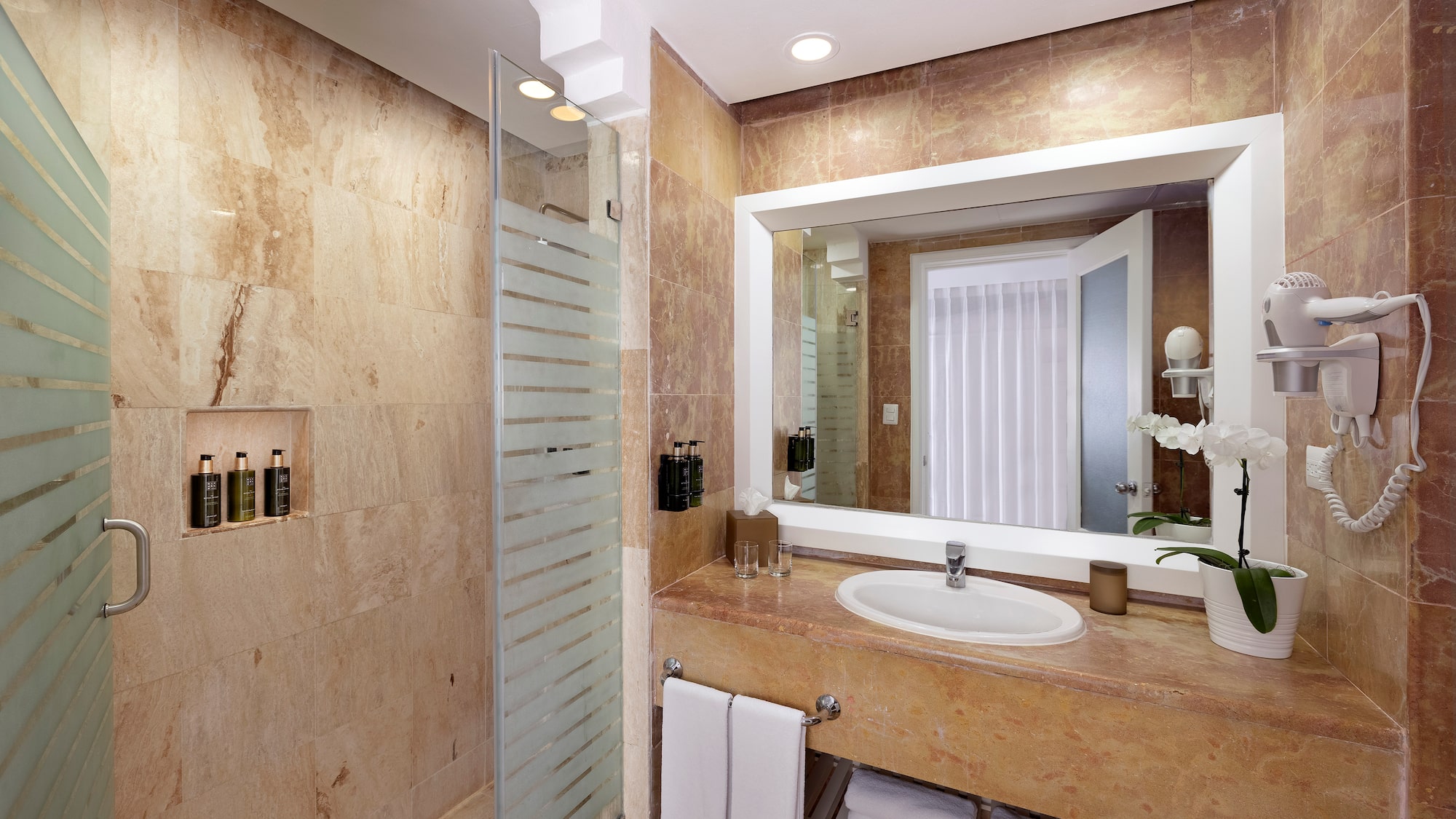 a bathroom with a sink and a shower