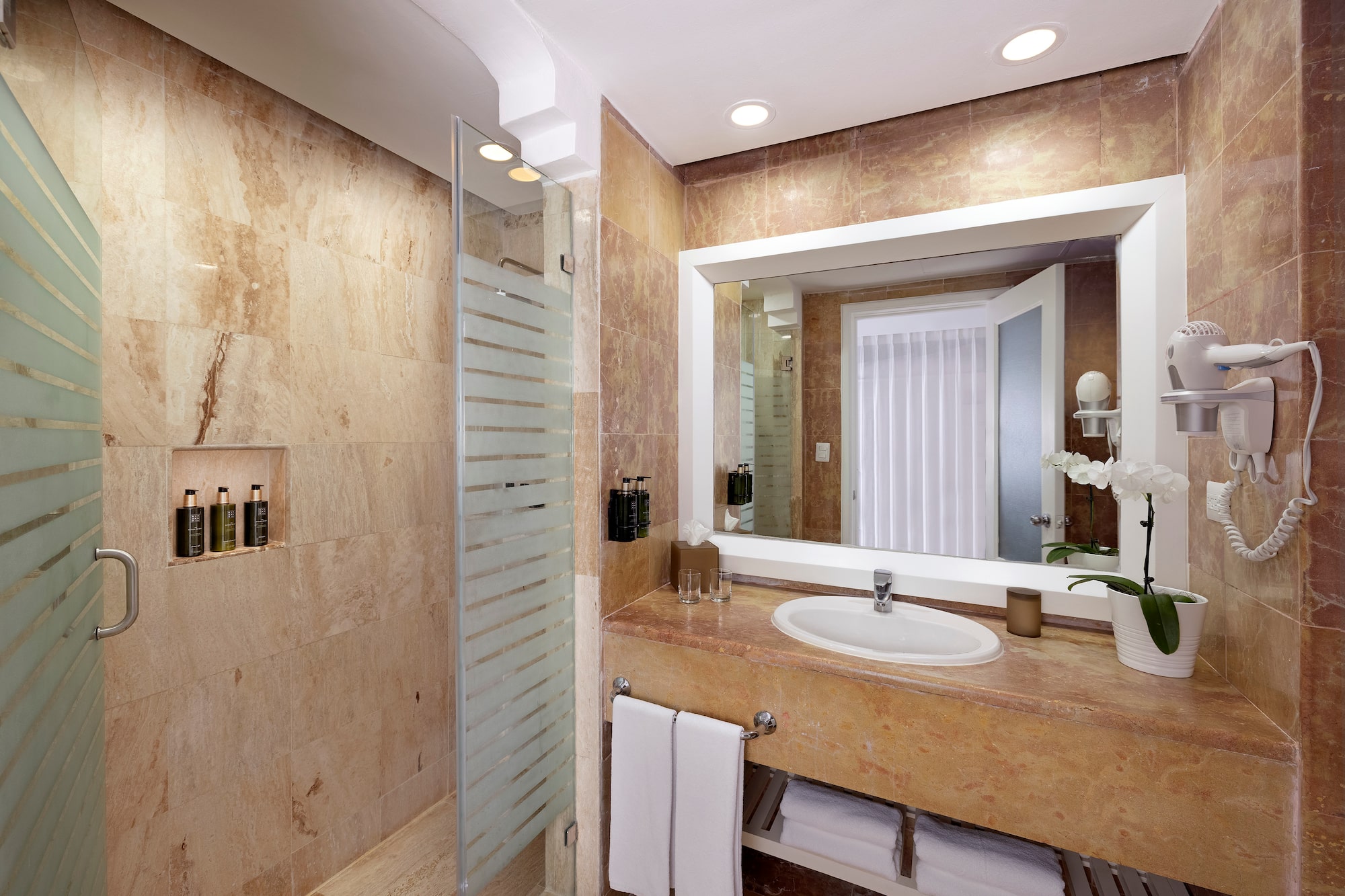 a bathroom with a sink and a shower