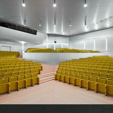 a large auditorium with rows of yellow chairs