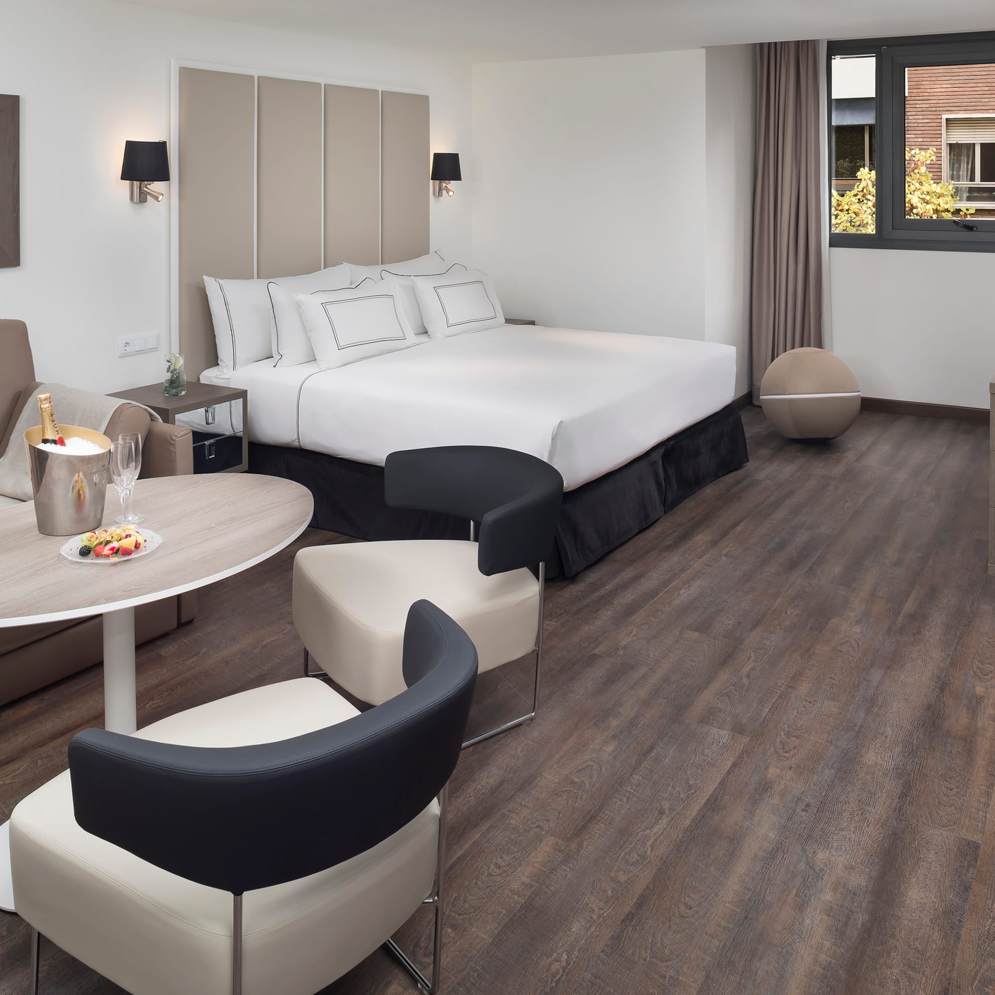 a room with a bed and a table