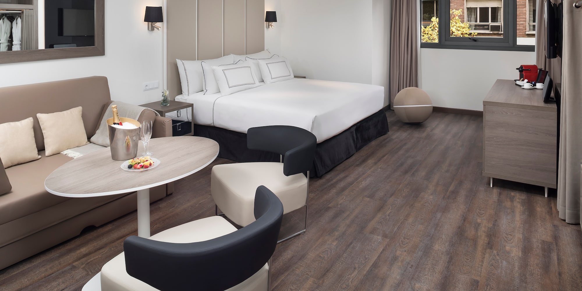 a room with a bed and a table