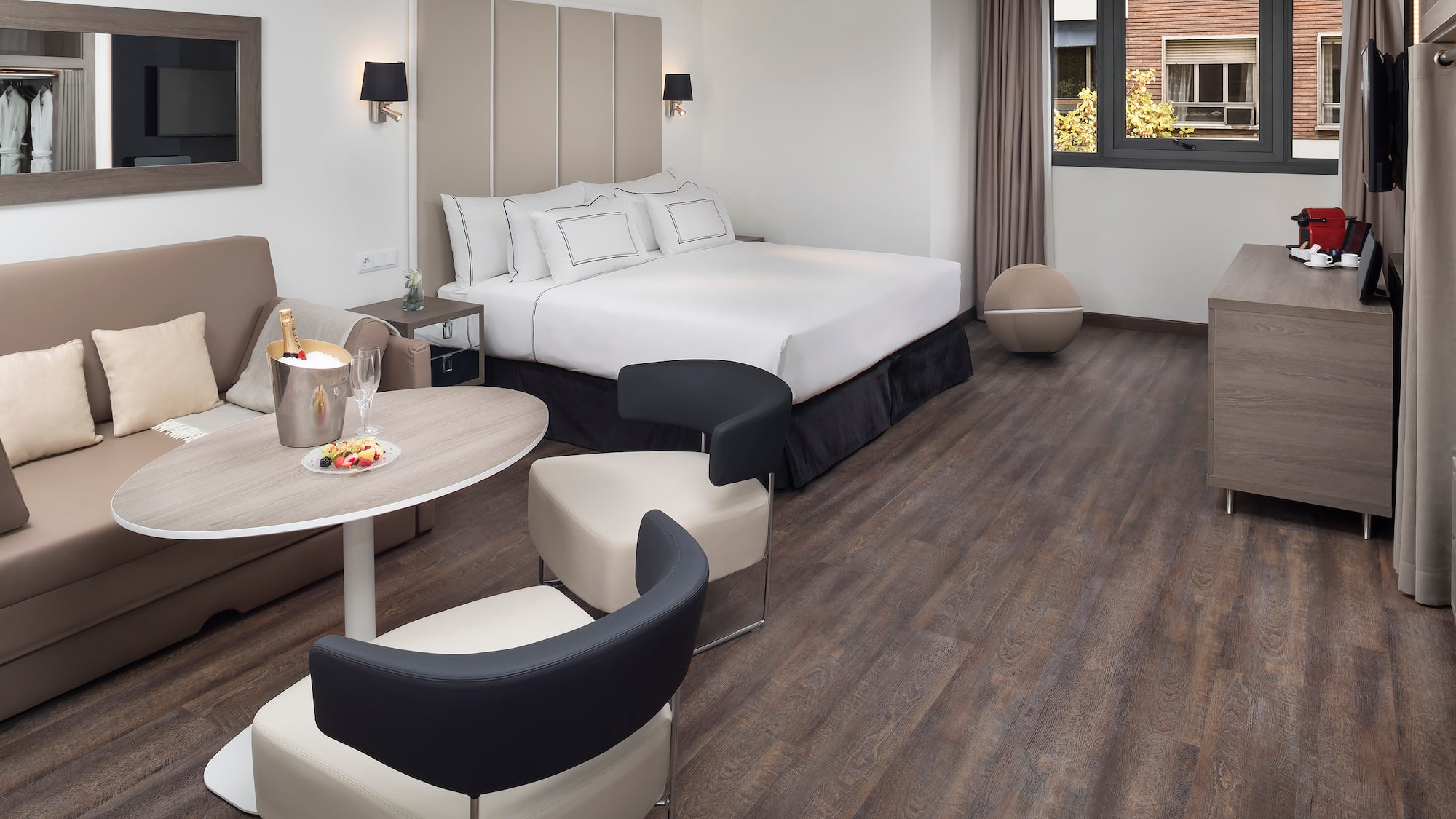 a room with a bed and a table