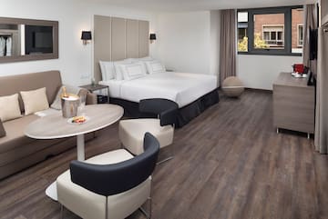 a room with a bed and a table