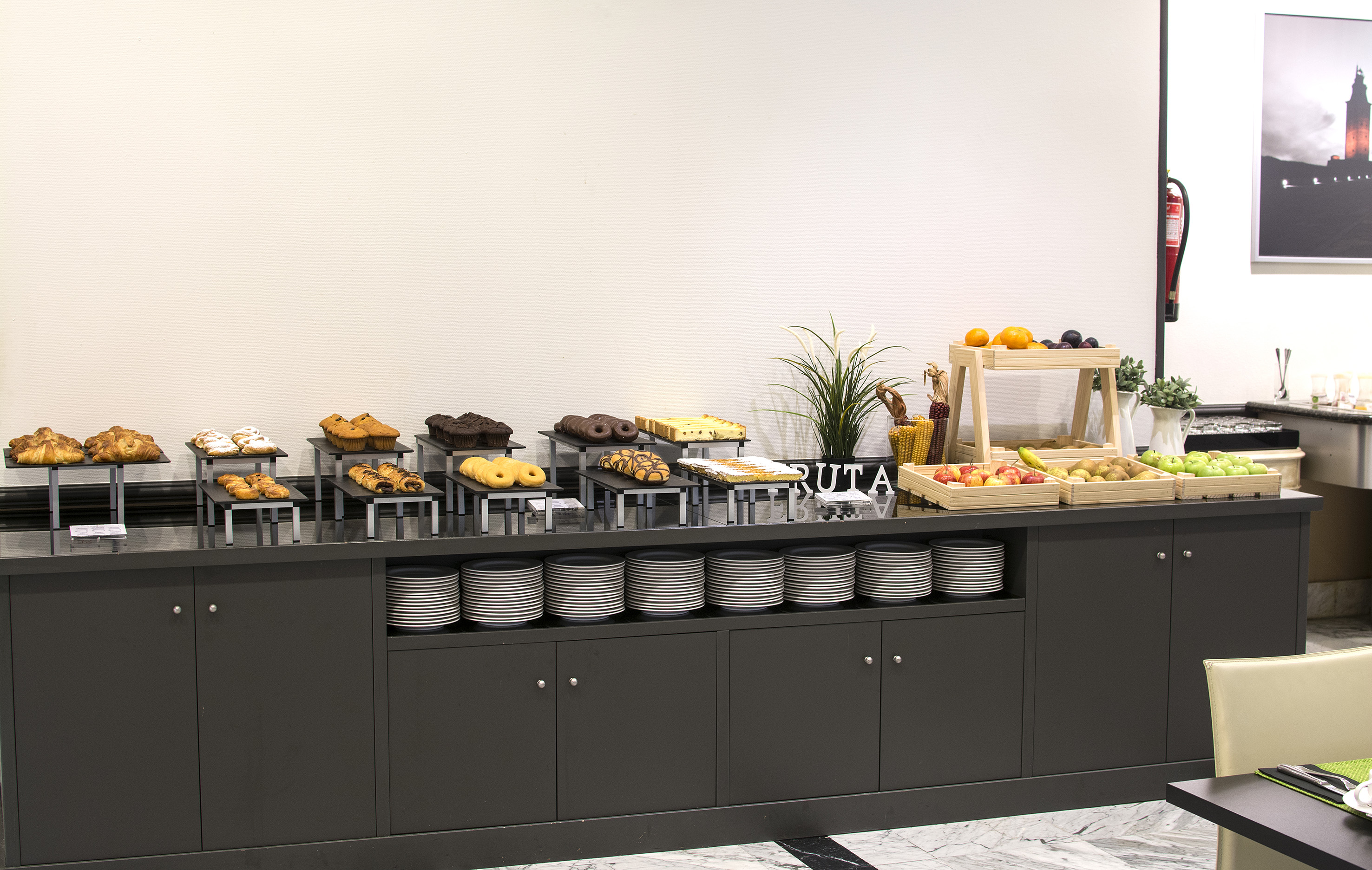 a buffet with food on it