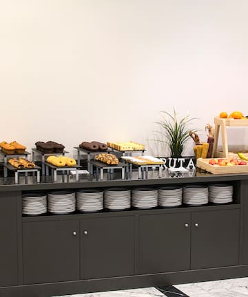 a buffet with food on it