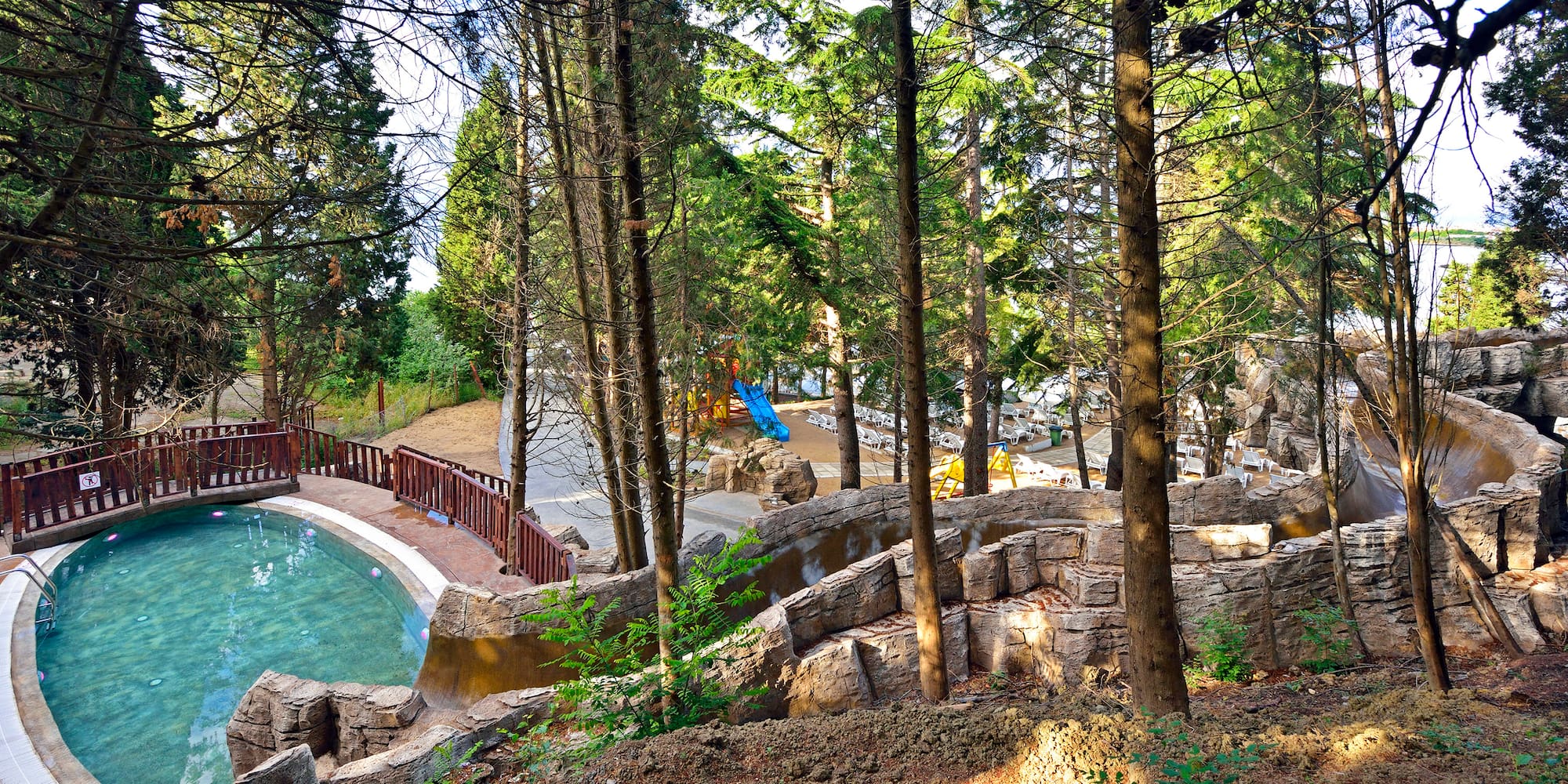 a pool with a slide and trees