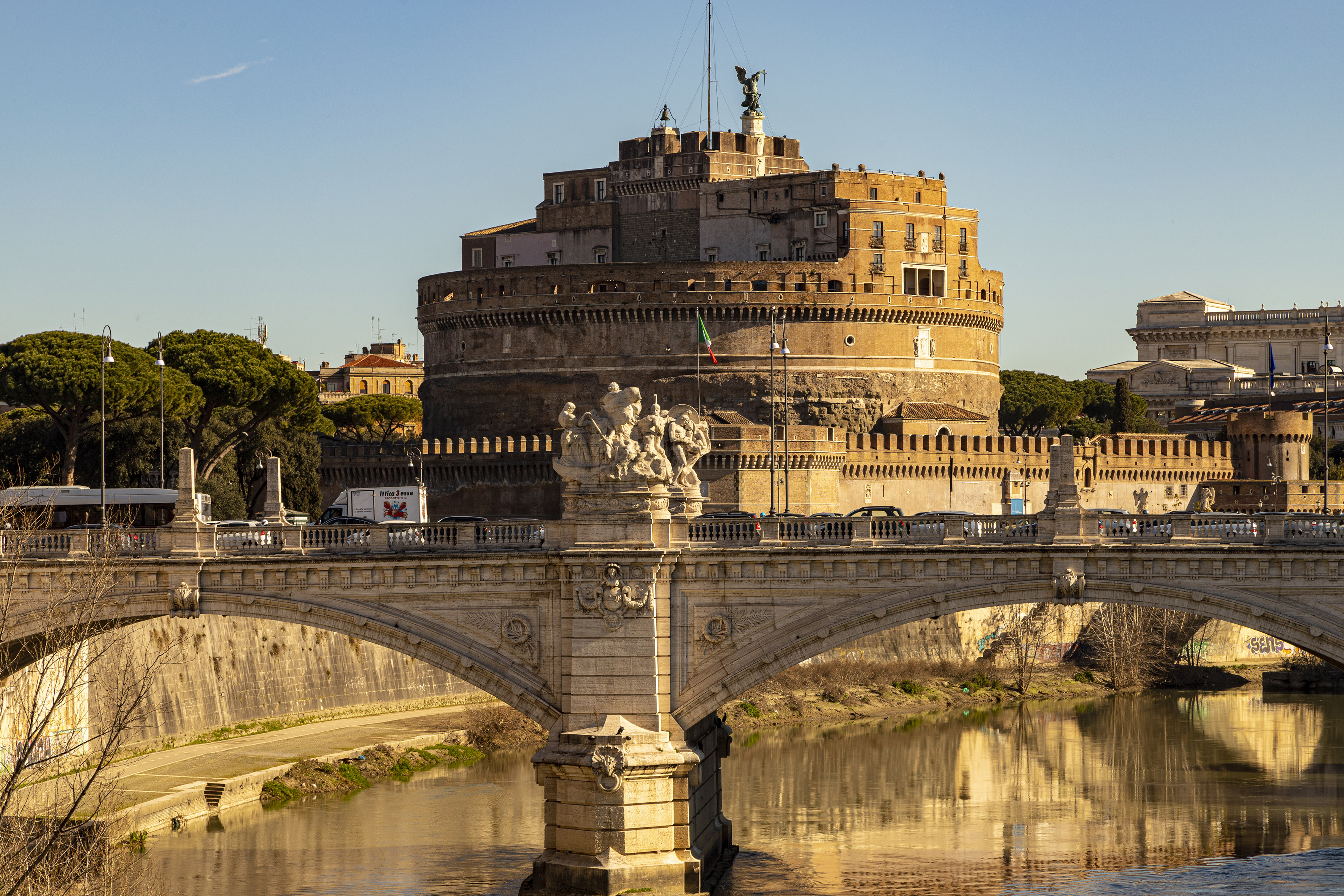 Castel Sant'Angelo and Ponte Sant'Angelo over Tiber River, Rome, Italy.