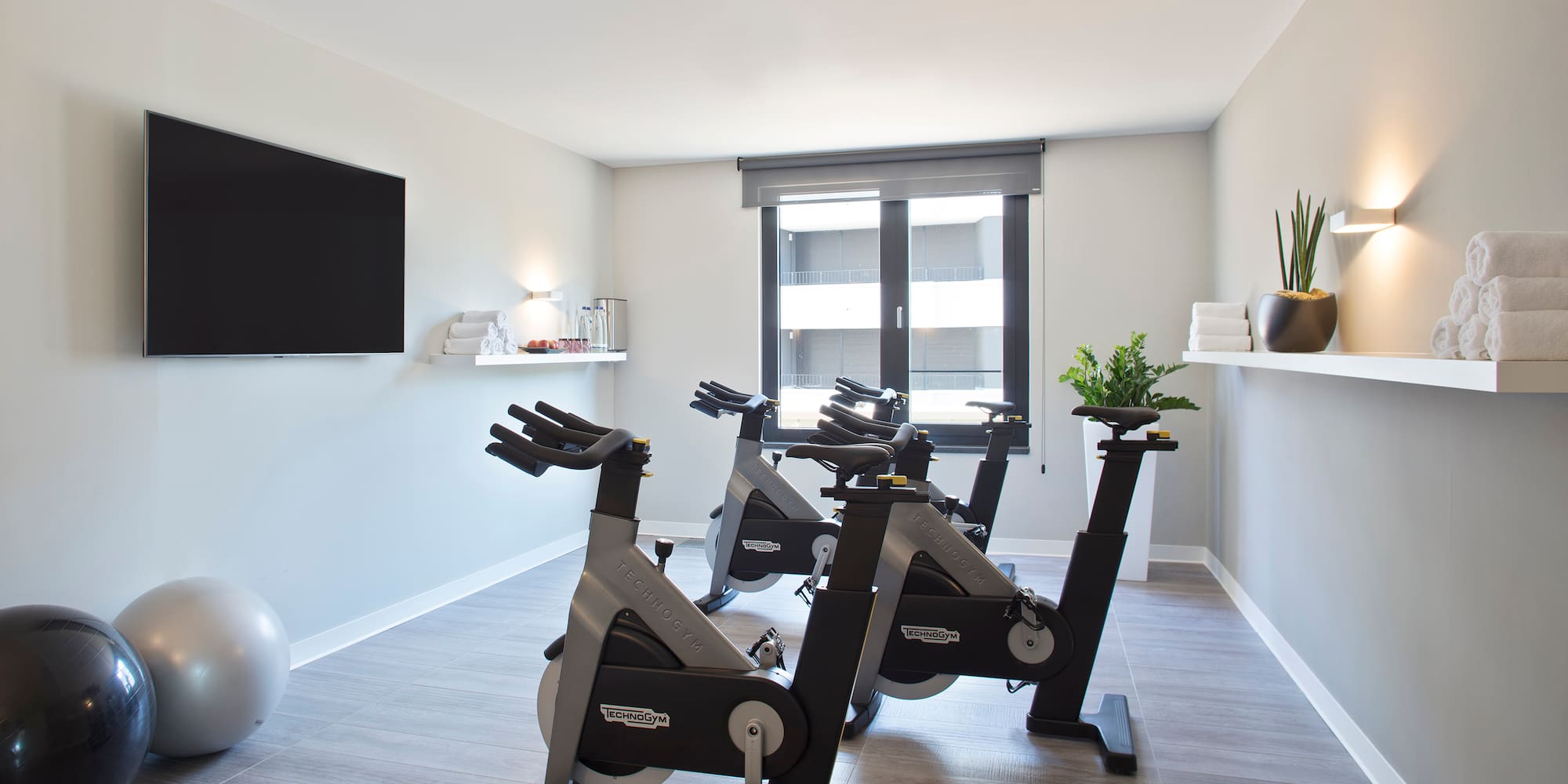 Modern fitness room with Technogym spinning bikes, TV, and exercise balls.