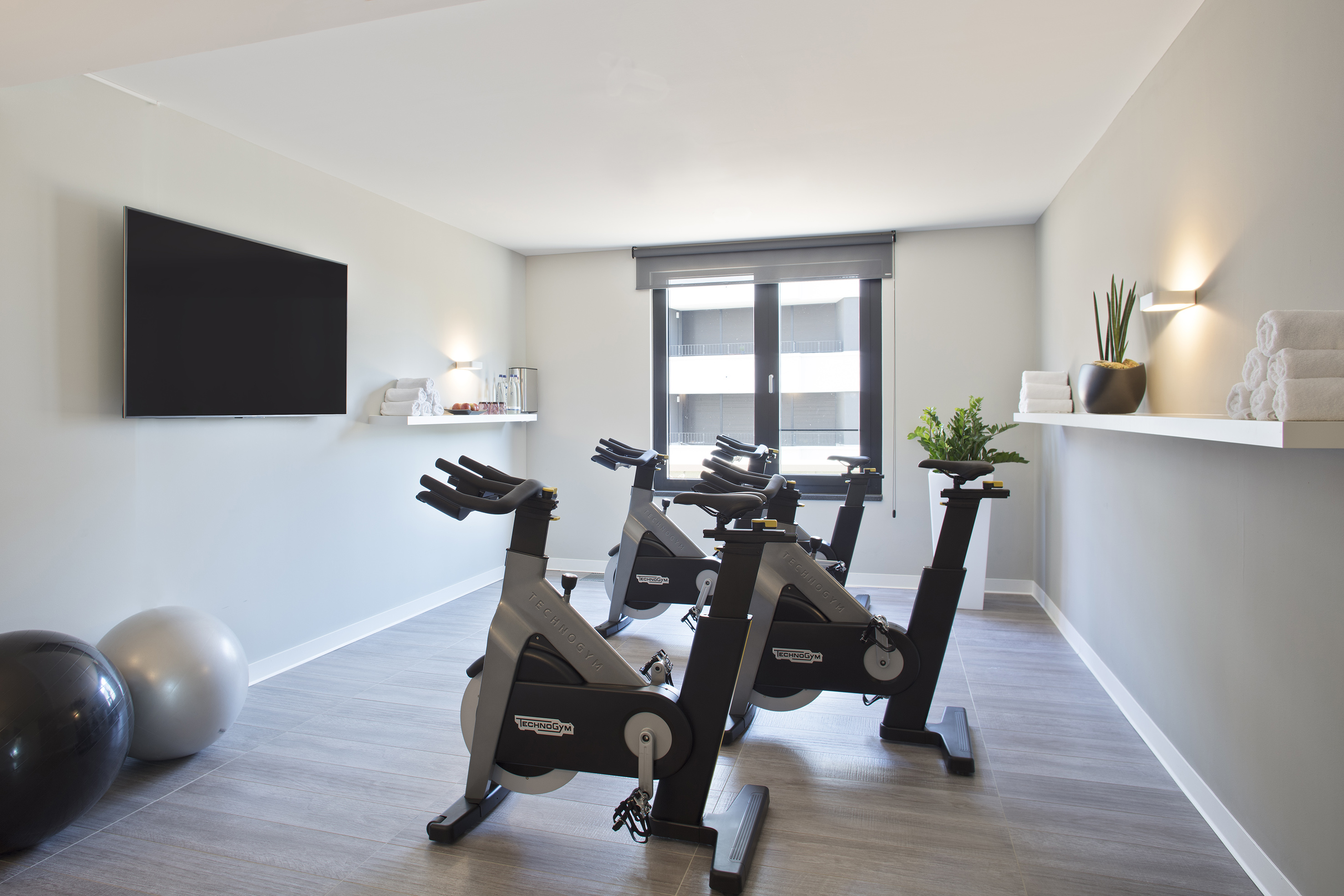 Modern fitness room with Technogym spinning bikes, TV, and exercise balls.
