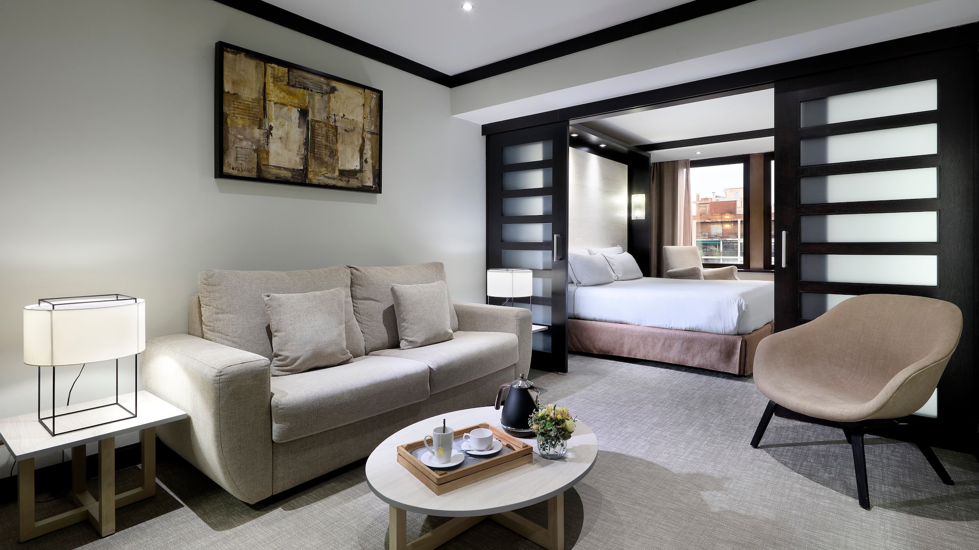 a room with a couch and a bed