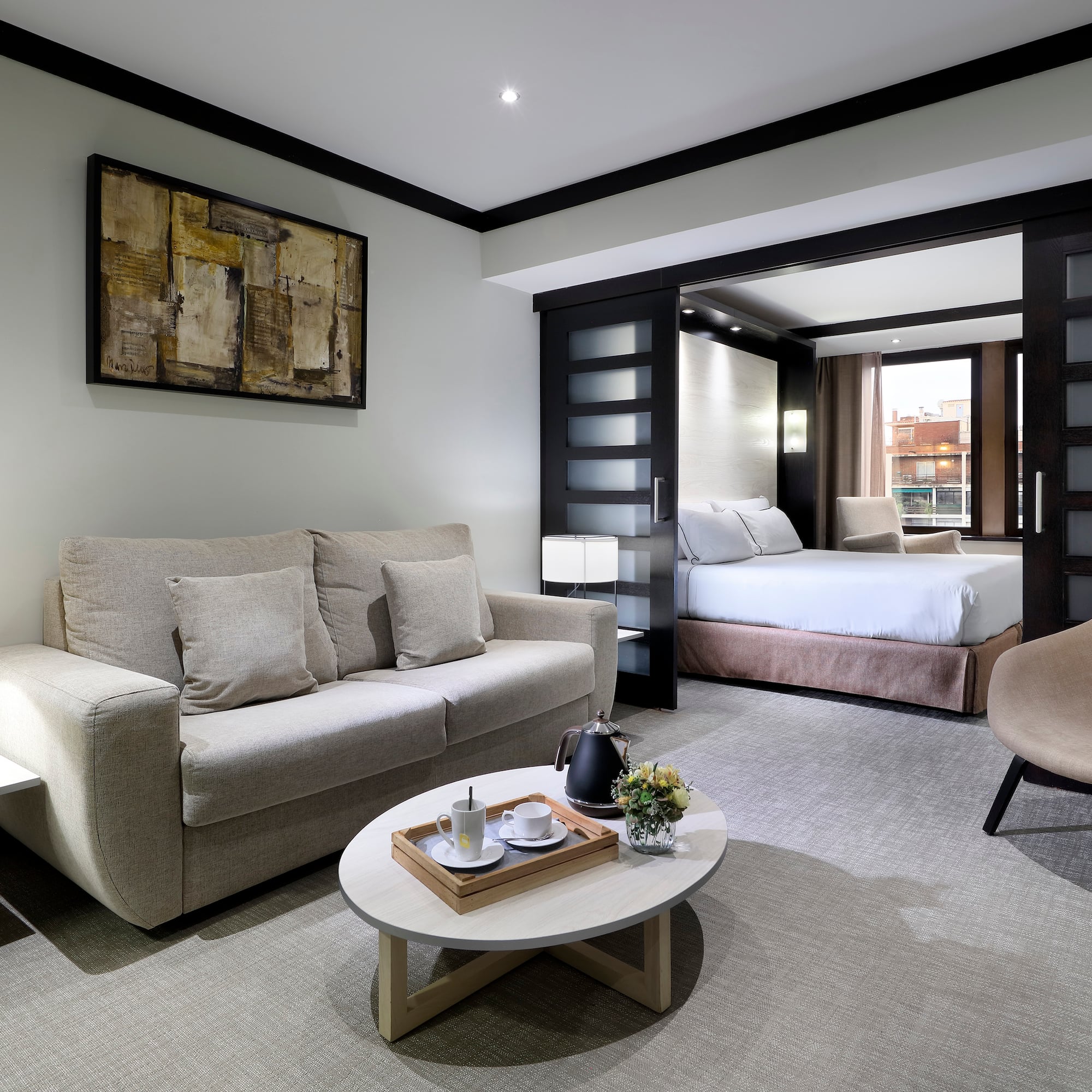 a room with a couch and a bed