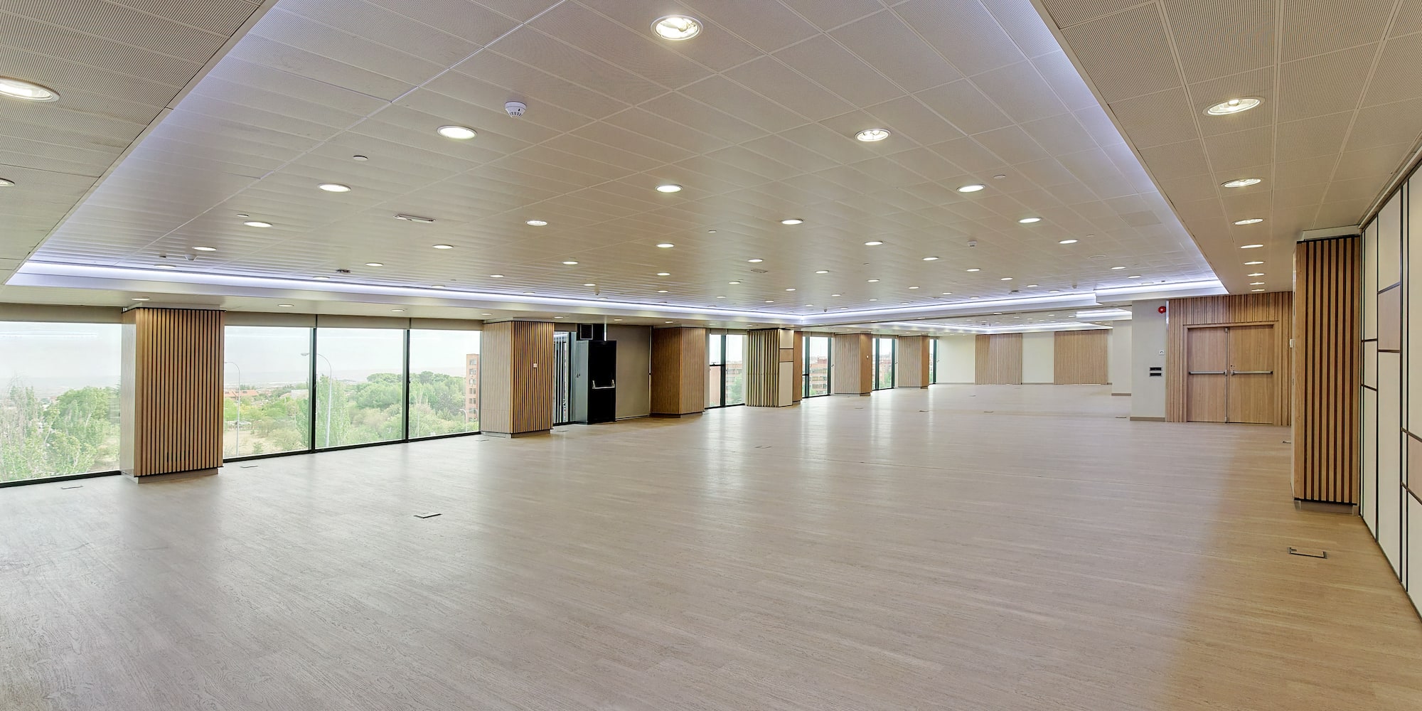 a large room with windows