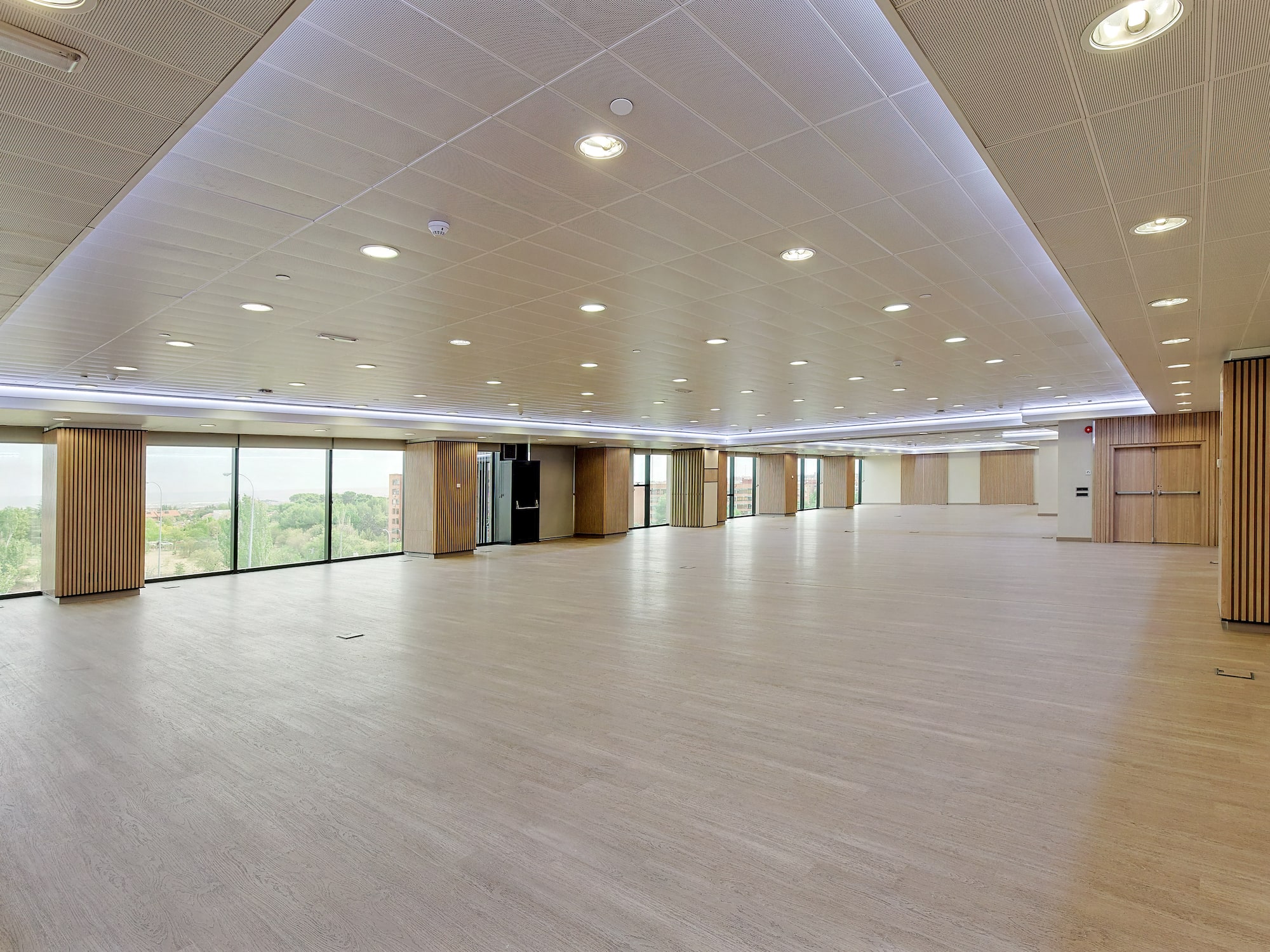 a large room with windows